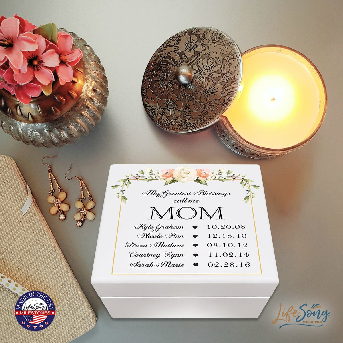 Personalized Memorable Mother’s White Keepsake Box 6x5.5 with inspiring verse - Greatest Blessings - LifeSong Milestones