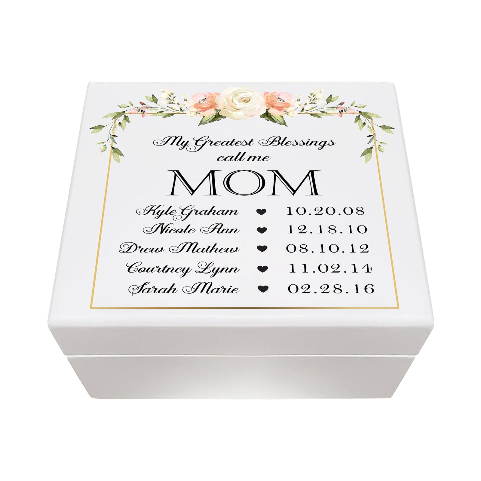 Personalized Memorable Mother’s White Keepsake Box 6x5.5 with inspiring verse - Greatest Blessings - LifeSong Milestones