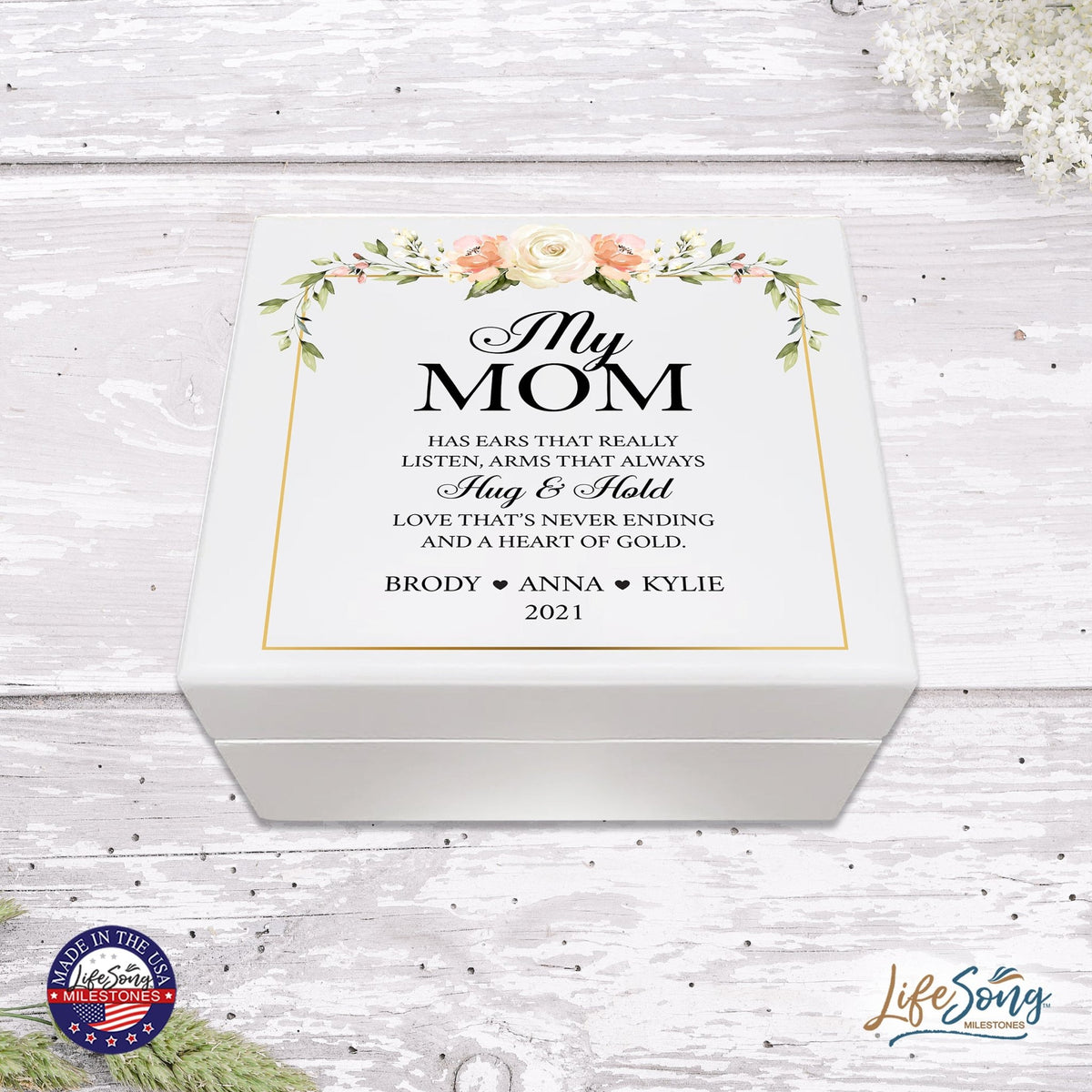 Personalized Memorable Mother’s White Keepsake Box 6x5.5 with inspiring verse - Hug and Hold - LifeSong Milestones