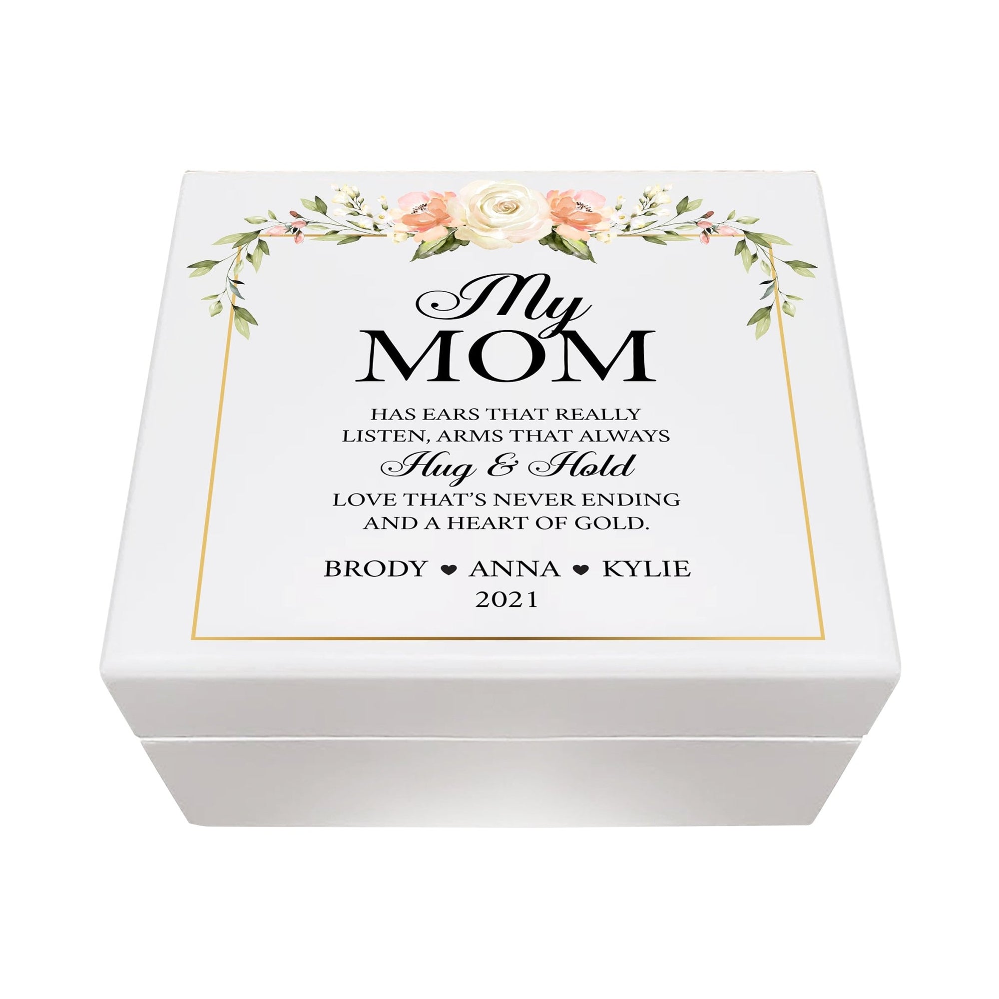 Personalized Memorable Mother’s White Keepsake Box 6x5.5 with inspiring verse - Hug and Hold - LifeSong Milestones