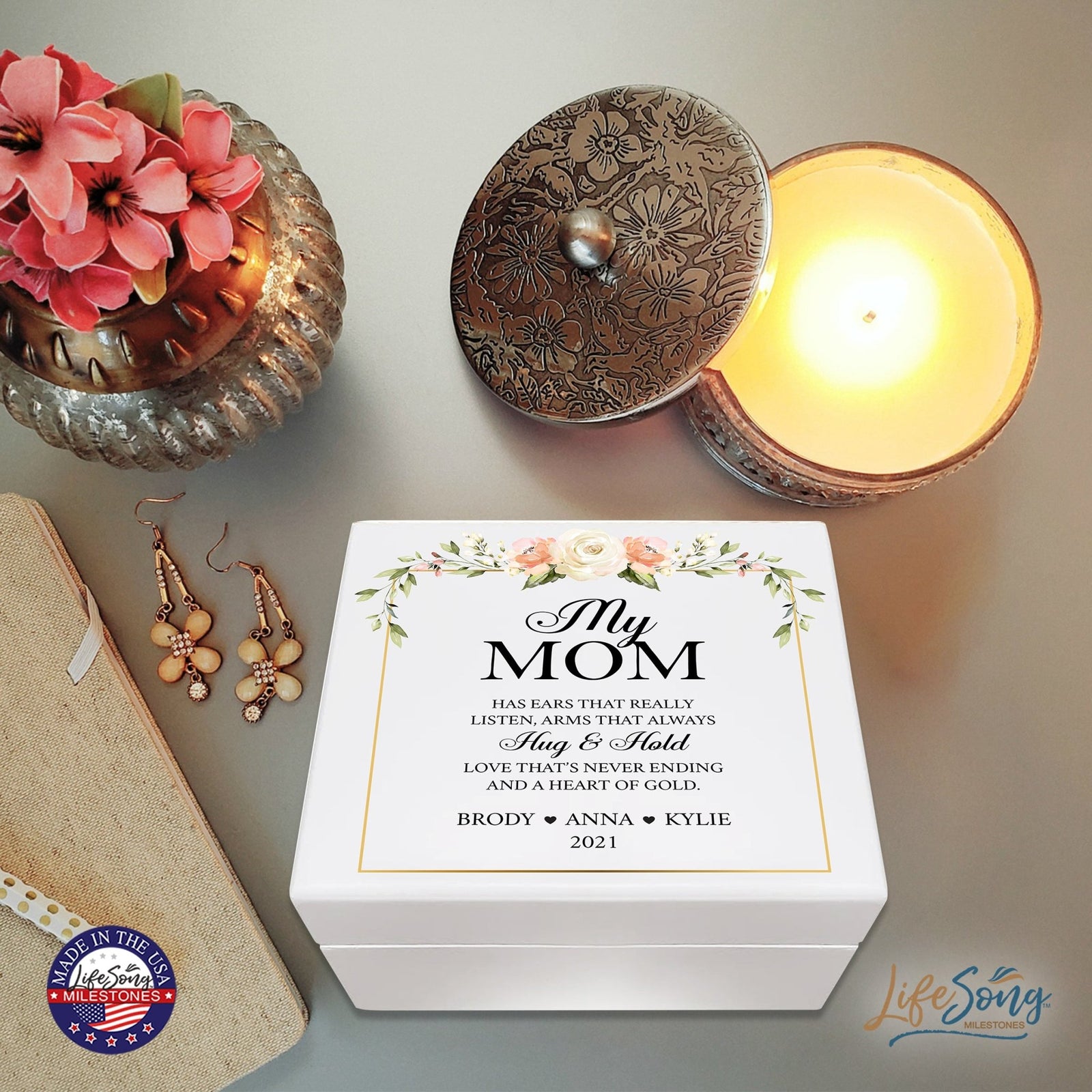 Personalized Memorable Mother’s White Keepsake Box 6x5.5 with inspiring verse - Hug and Hold - LifeSong Milestones