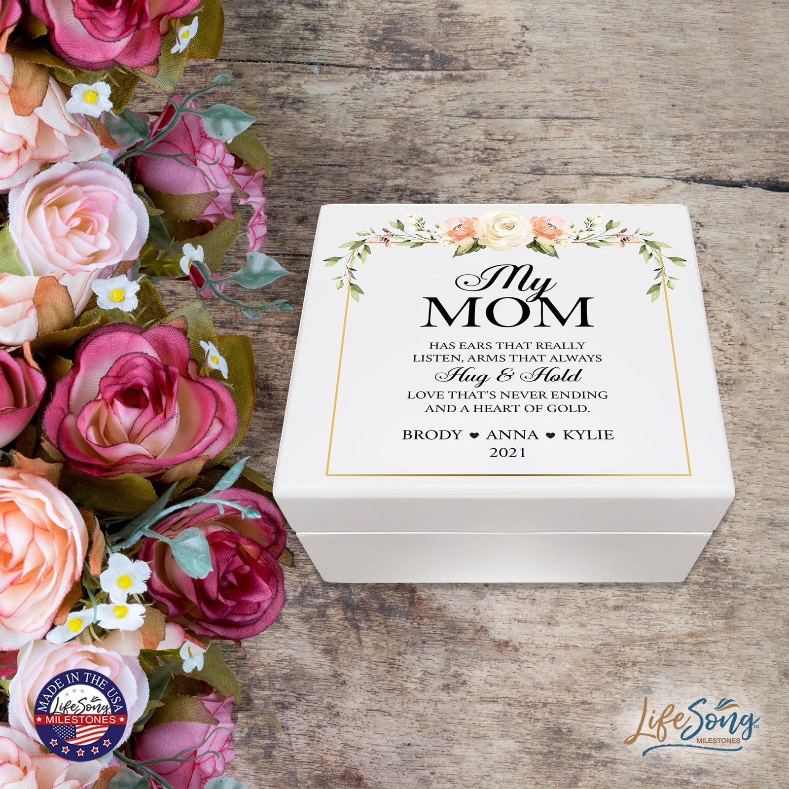 Personalized Memorable Mother’s White Keepsake Box 6x5.5 with inspiring verse - Hug and Hold - LifeSong Milestones