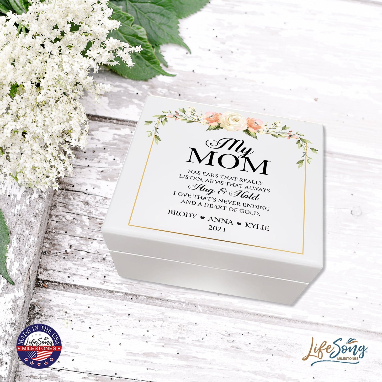 Personalized Memorable Mother’s White Keepsake Box 6x5.5 with inspiring verse - Hug and Hold - LifeSong Milestones