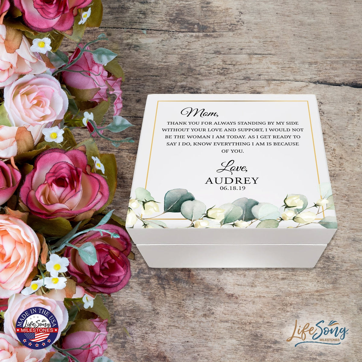 Personalized Memorable Mother’s White Keepsake Box 6x5.5 with inspiring verse - Thank You - LifeSong Milestones