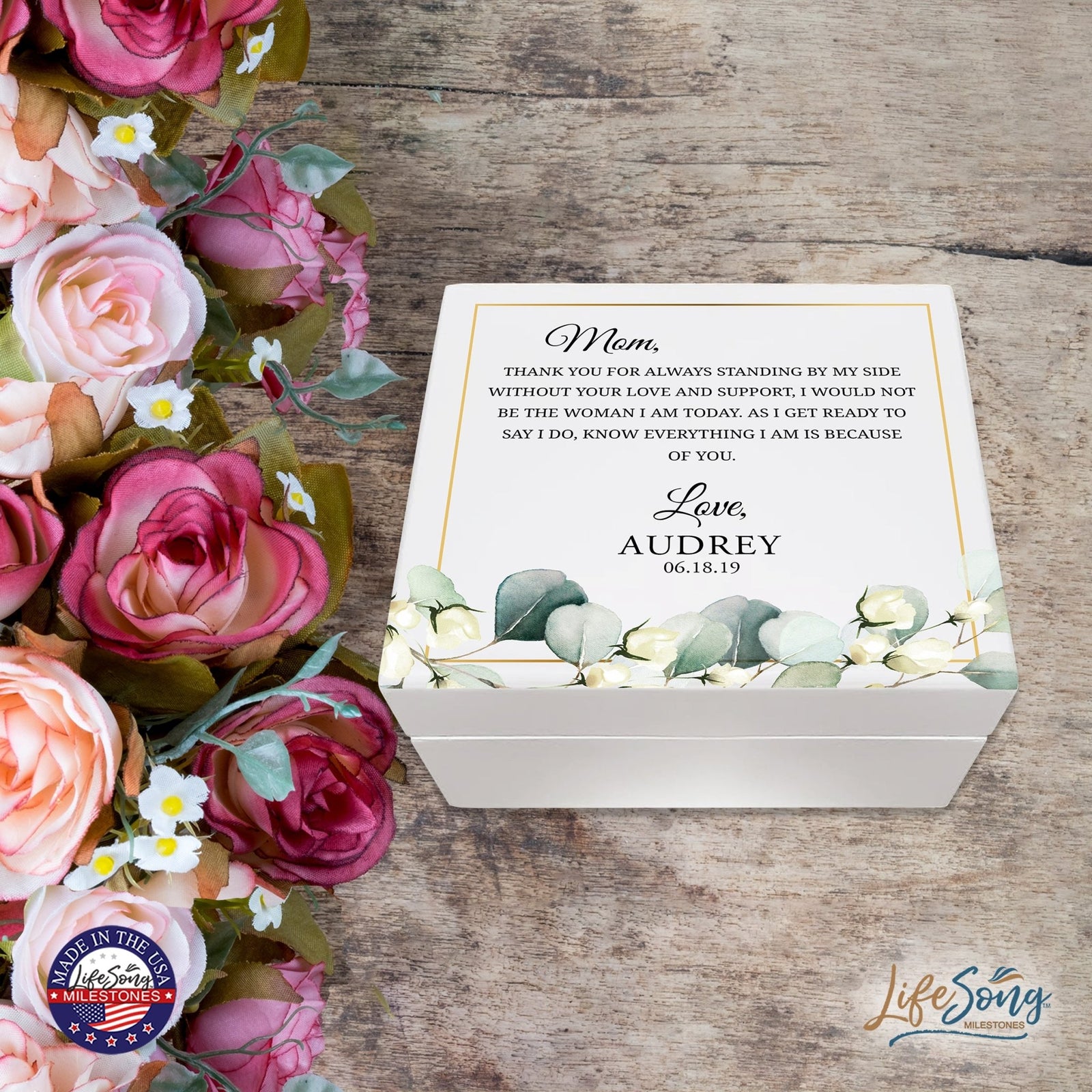 Personalized Memorable Mother’s White Keepsake Box 6x5.5 with inspiring verse - Thank You - LifeSong Milestones