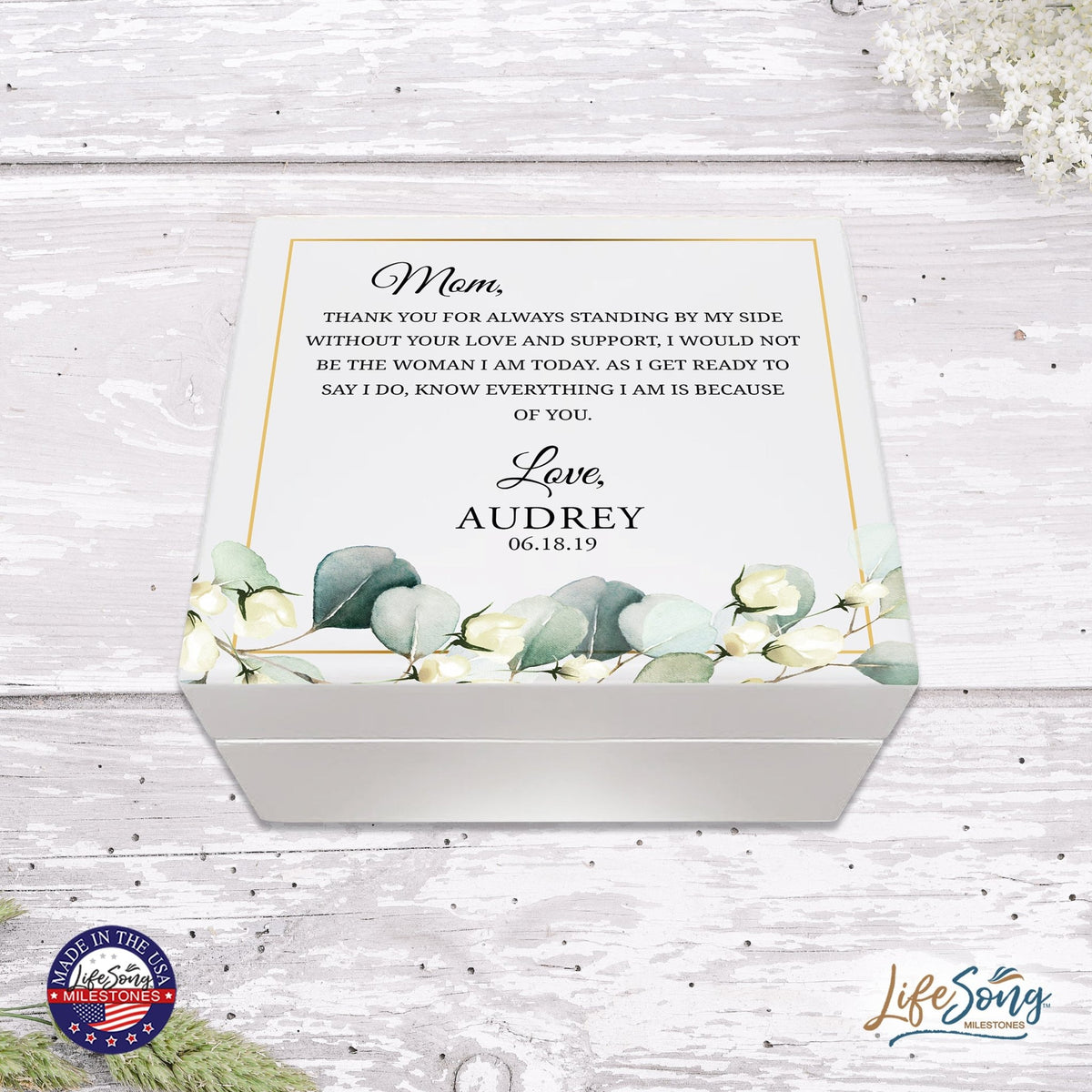 Personalized Memorable Mother’s White Keepsake Box 6x5.5 with inspiring verse - Thank You - LifeSong Milestones