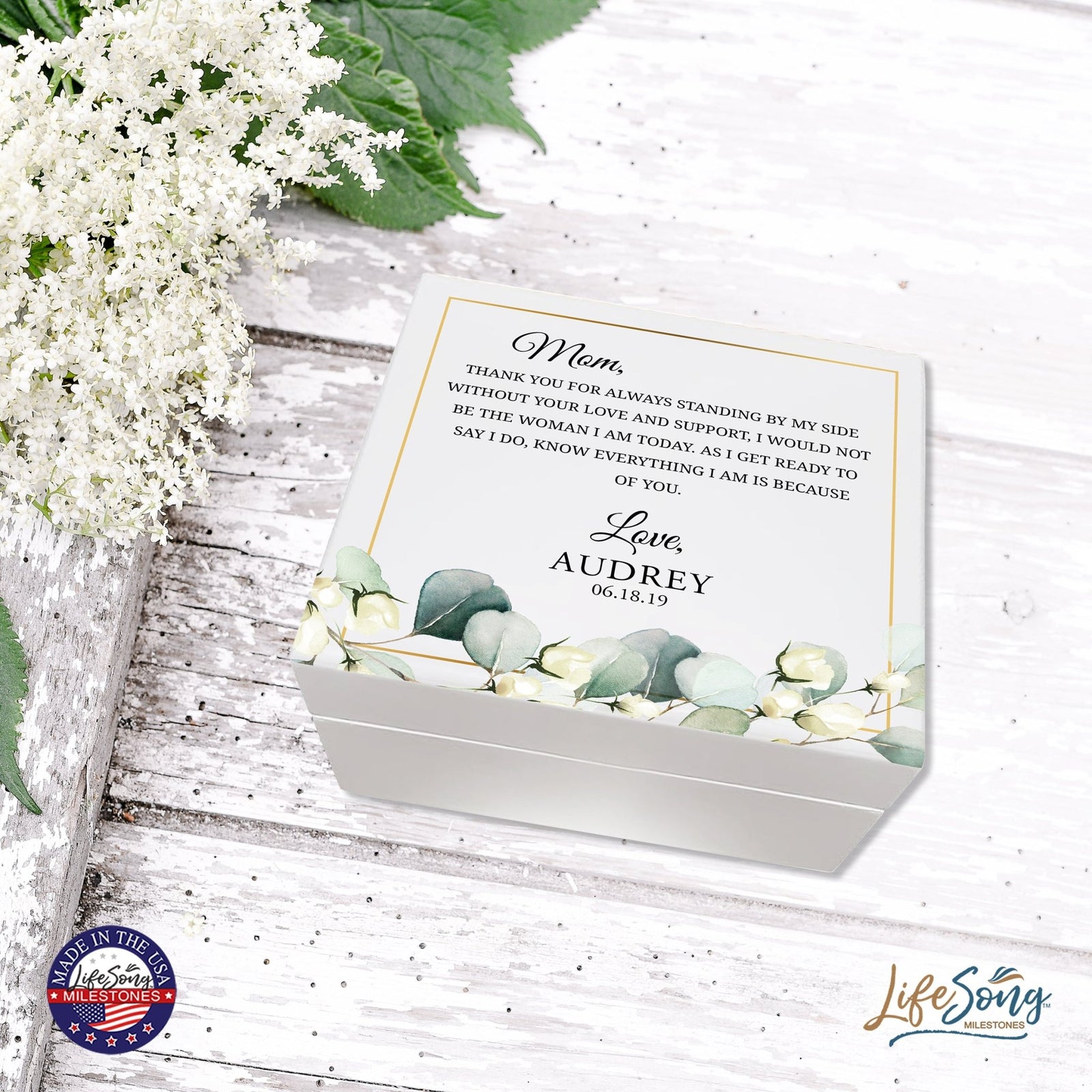 Personalized Memorable Mother’s White Keepsake Box 6x5.5 with inspiring verse - Thank You - LifeSong Milestones
