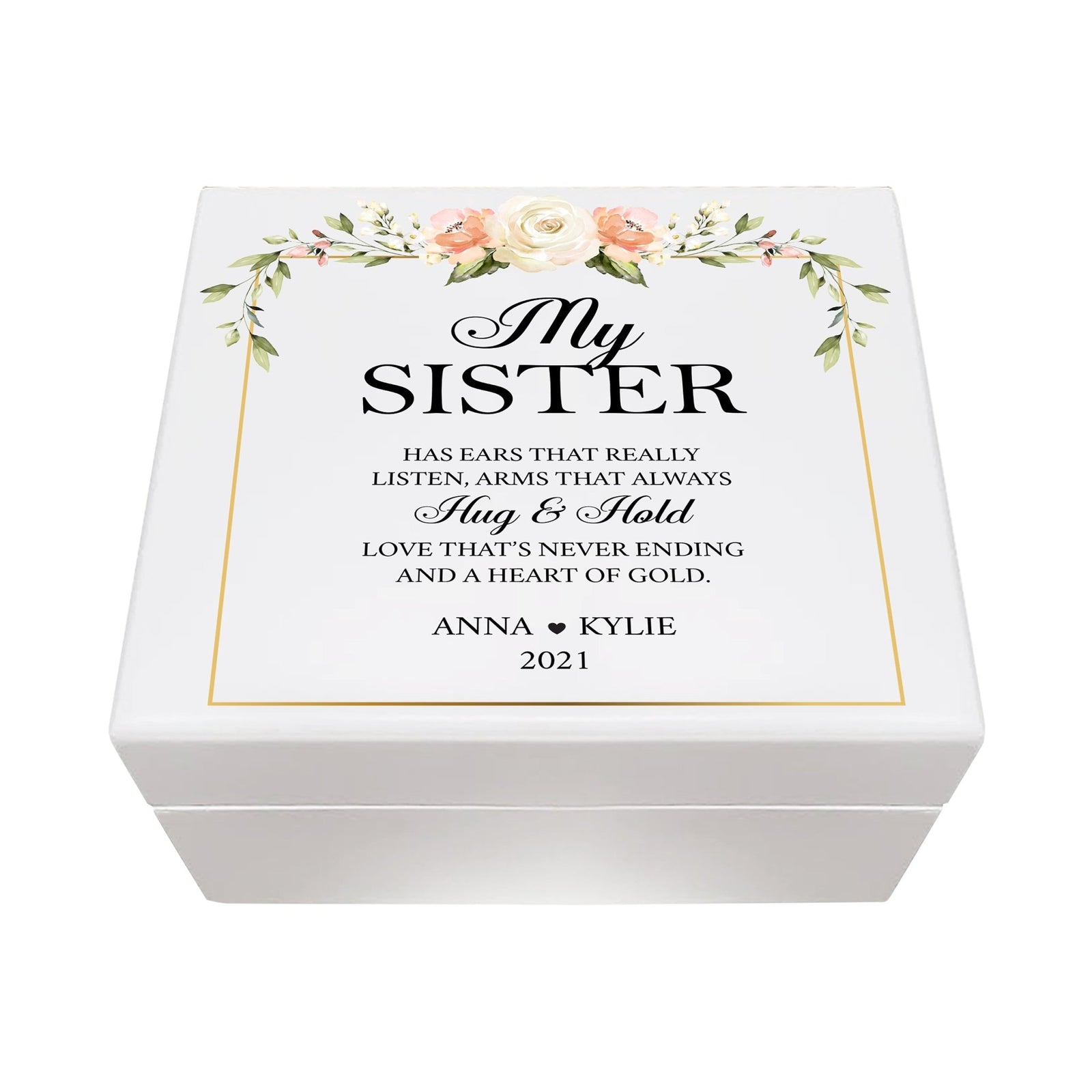 Personalized Memorable Sister’s White Keepsake Box 6x5.5 with inspiring verse - Hug and Hold - LifeSong Milestones