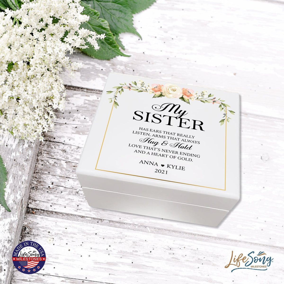 Personalized Memorable Sister’s White Keepsake Box 6x5.5 with inspiring verse - Hug and Hold - LifeSong Milestones
