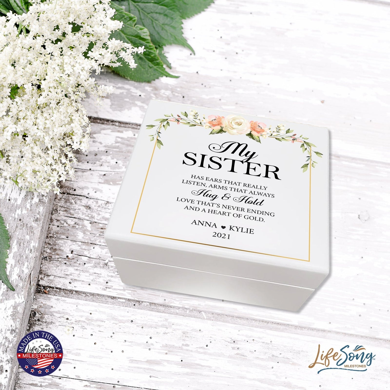 Personalized Memorable Sister’s White Keepsake Box 6x5.5 with inspiring verse - Hug and Hold - LifeSong Milestones