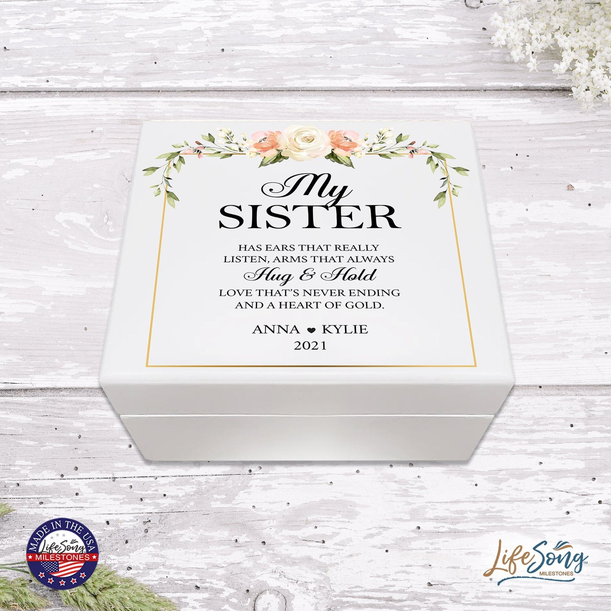 Personalized Memorable Sister’s White Keepsake Box 6x5.5 with inspiring verse - Hug and Hold - LifeSong Milestones