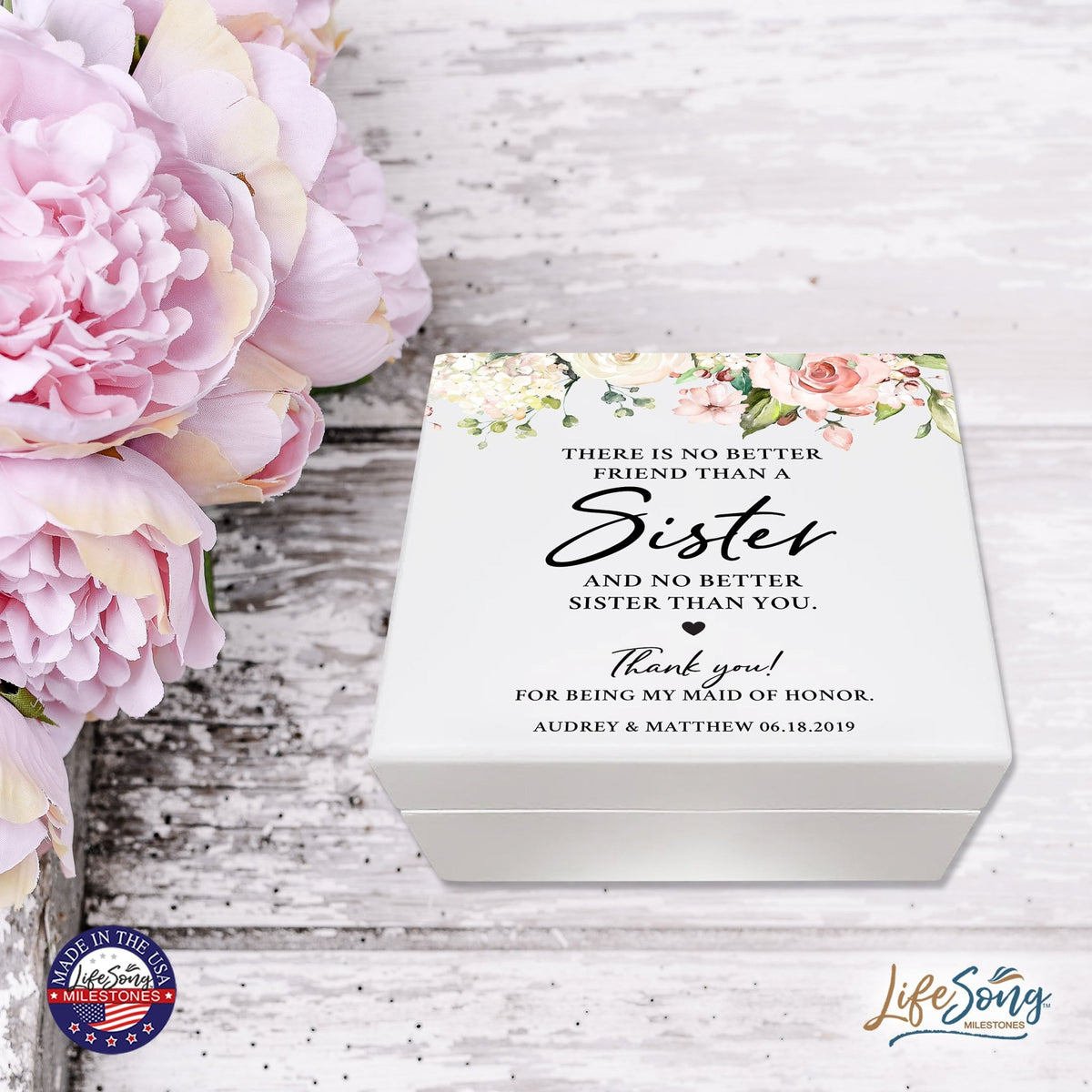 Personalized Memorable Sister’s White Keepsake Box 6x5.5 with inspiring verse - No Better Friend - LifeSong Milestones