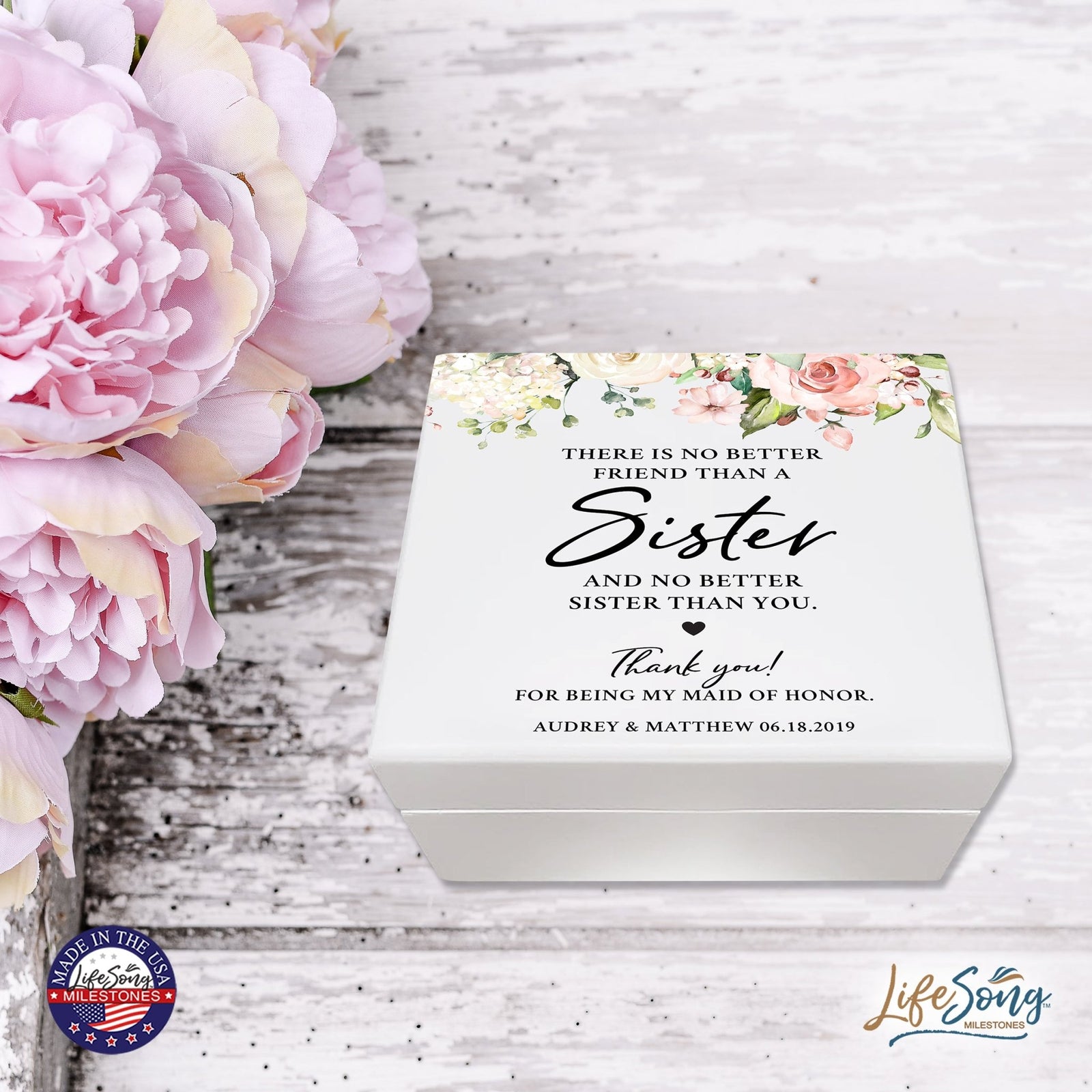 Personalized Memorable Sister’s White Keepsake Box 6x5.5 with inspiring verse - No Better Friend - LifeSong Milestones