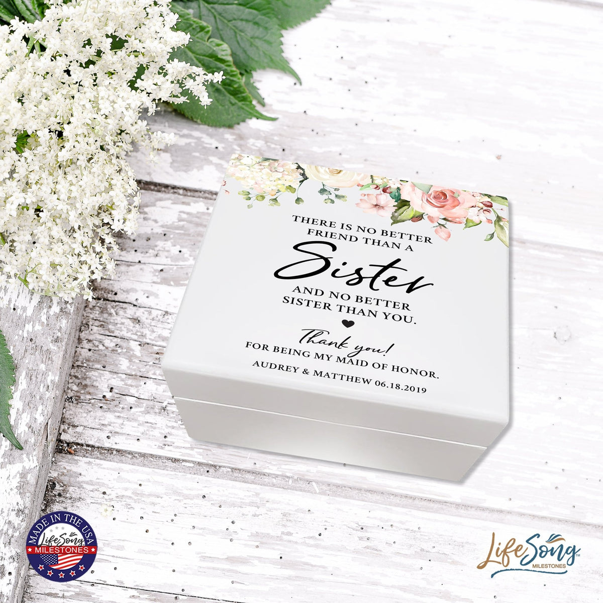 Personalized Memorable Sister’s White Keepsake Box 6x5.5 with inspiring verse - No Better Friend - LifeSong Milestones