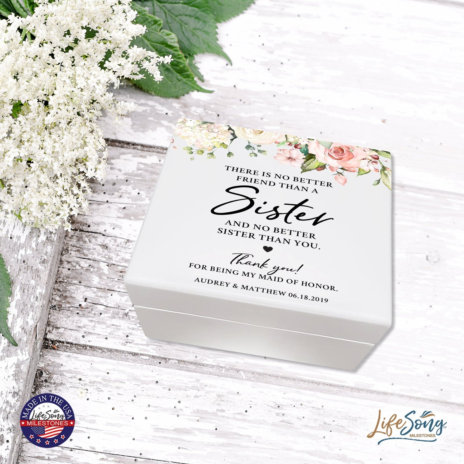 Personalized Memorable Sister’s White Keepsake Box 6x5.5 with inspiring verse - No Better Friend - LifeSong Milestones