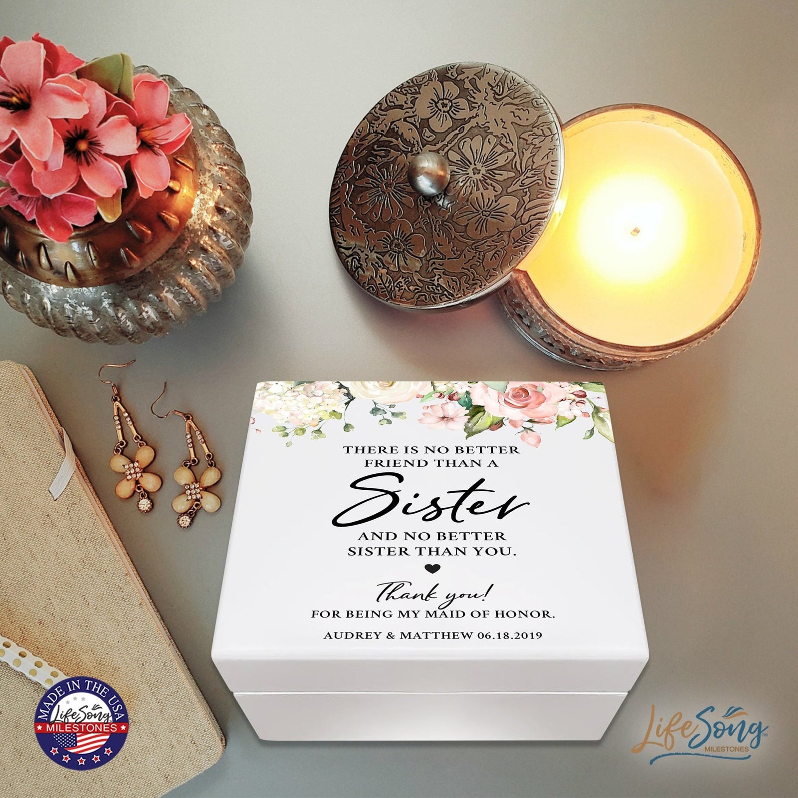 Personalized Memorable Sister’s White Keepsake Box 6x5.5 with inspiring verse - No Better Friend - LifeSong Milestones