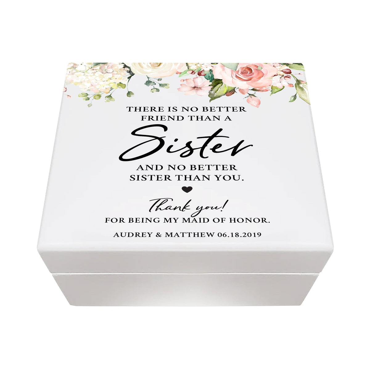 Personalized Memorable Sister’s White Keepsake Box 6x5.5 with inspiring verse - No Better Friend - LifeSong Milestones