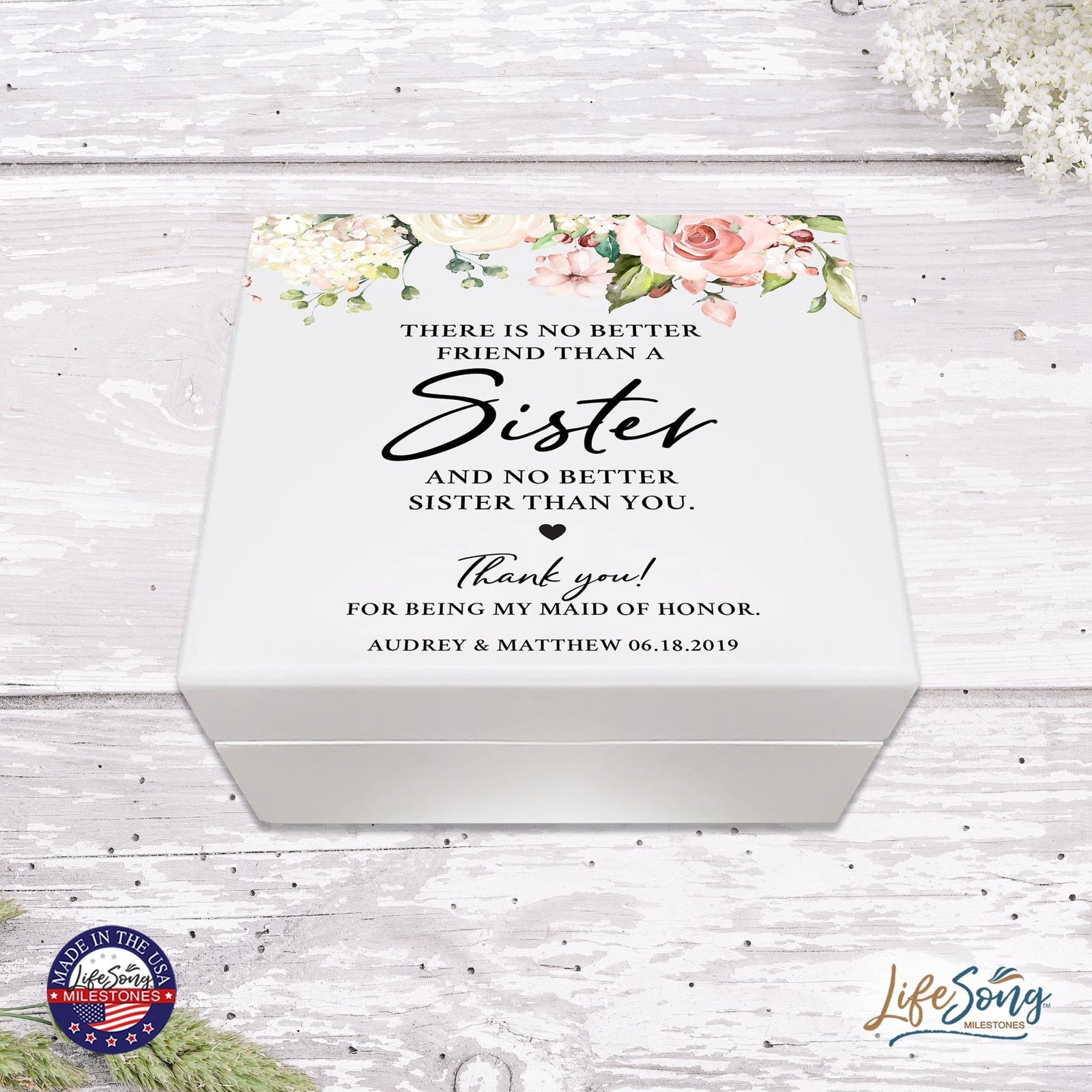 Personalized Memorable Sister’s White Keepsake Box 6x5.5 with inspiring verse - No Better Friend - LifeSong Milestones