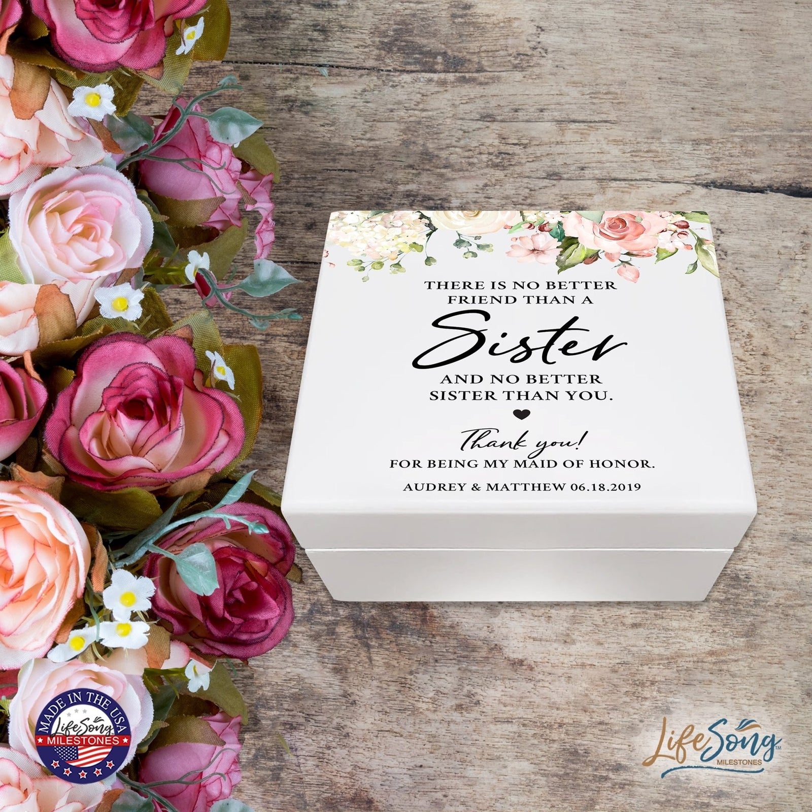 Personalized Memorable Sister’s White Keepsake Box 6x5.5 with inspiring verse - No Better Friend - LifeSong Milestones