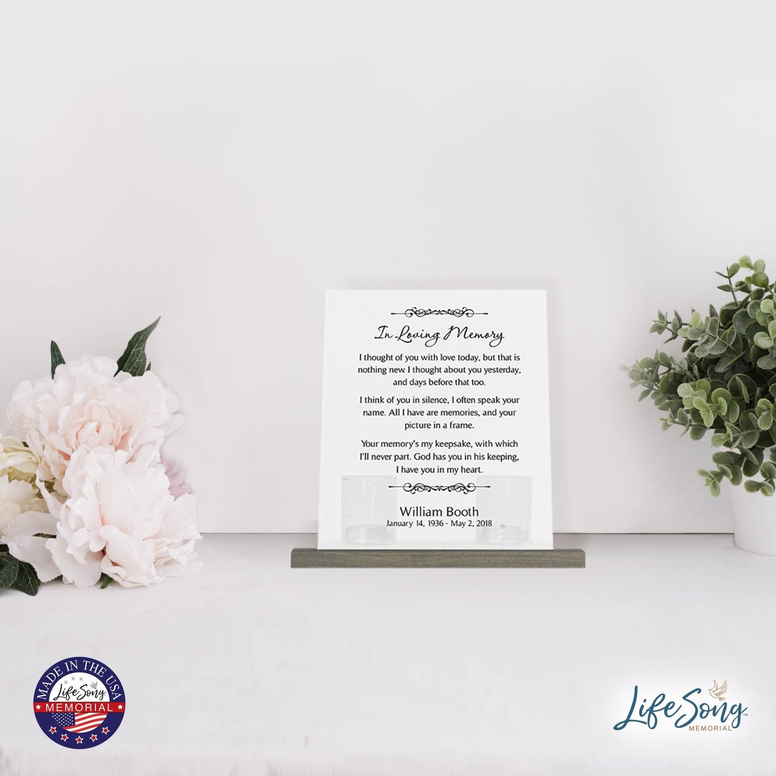 Personalized Memorial Acrylic Sign With Wooden Base and Tealight Candle Holder 8x10 – In Loving Memory - LifeSong Milestones