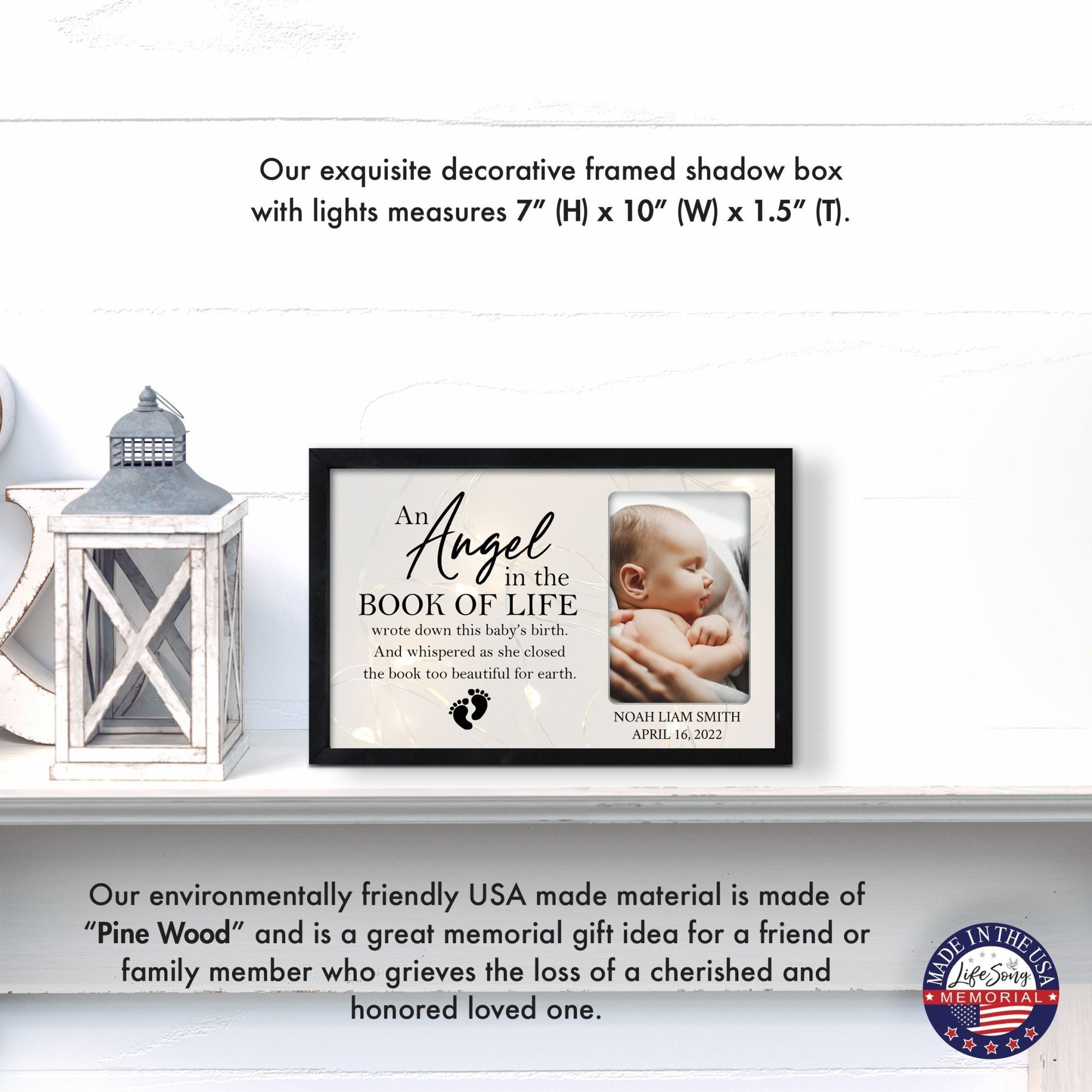 Personalized Memorial Black Framed Shadow Box With Lights Sympathy Gift Wall Décor - An Angel In The Book Of Life - LifeSong Milestones