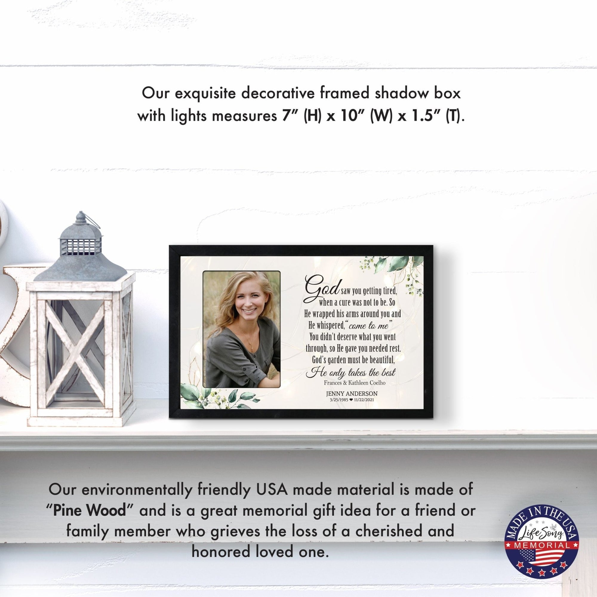 Personalized Memorial Black Framed Shadow Box With Lights Sympathy Gift Wall Décor - God Saw You Getting Tired - LifeSong Milestones