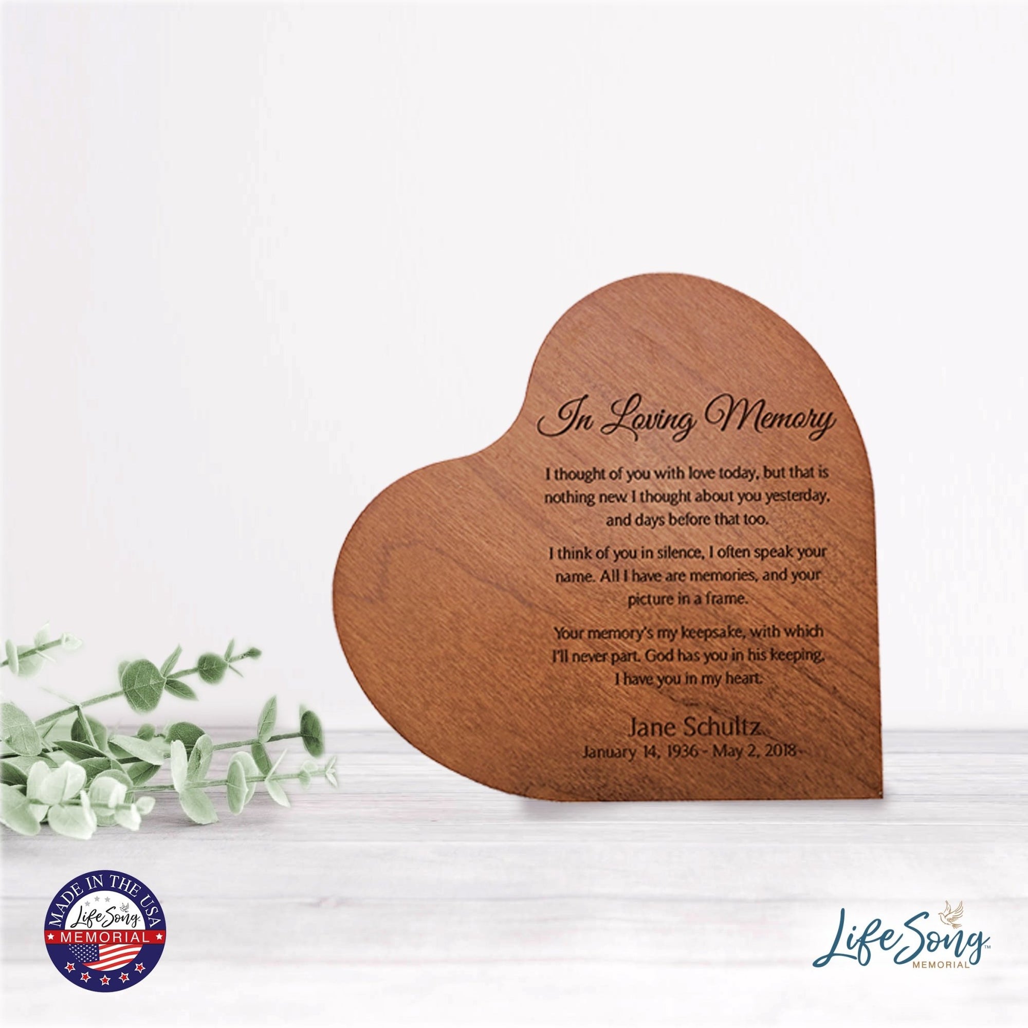 Personalized Memorial Block 5x5.25in Wooden Heart Shape Table Top and Shelf Decoration In Loving Memory - LifeSong Milestones