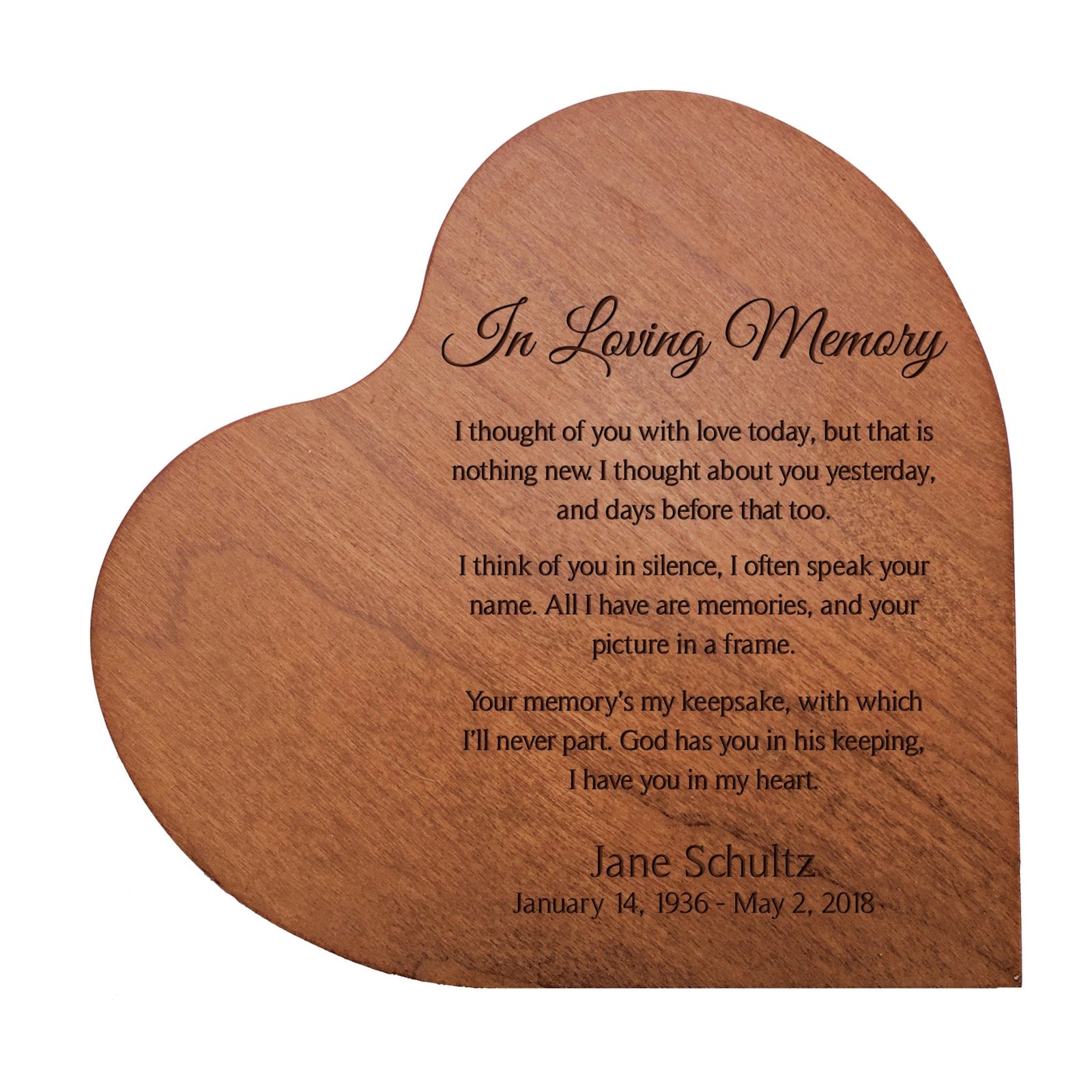 Personalized Memorial Block 5x5.25in Wooden Heart Shape Table Top and Shelf Decoration In Loving Memory - LifeSong Milestones