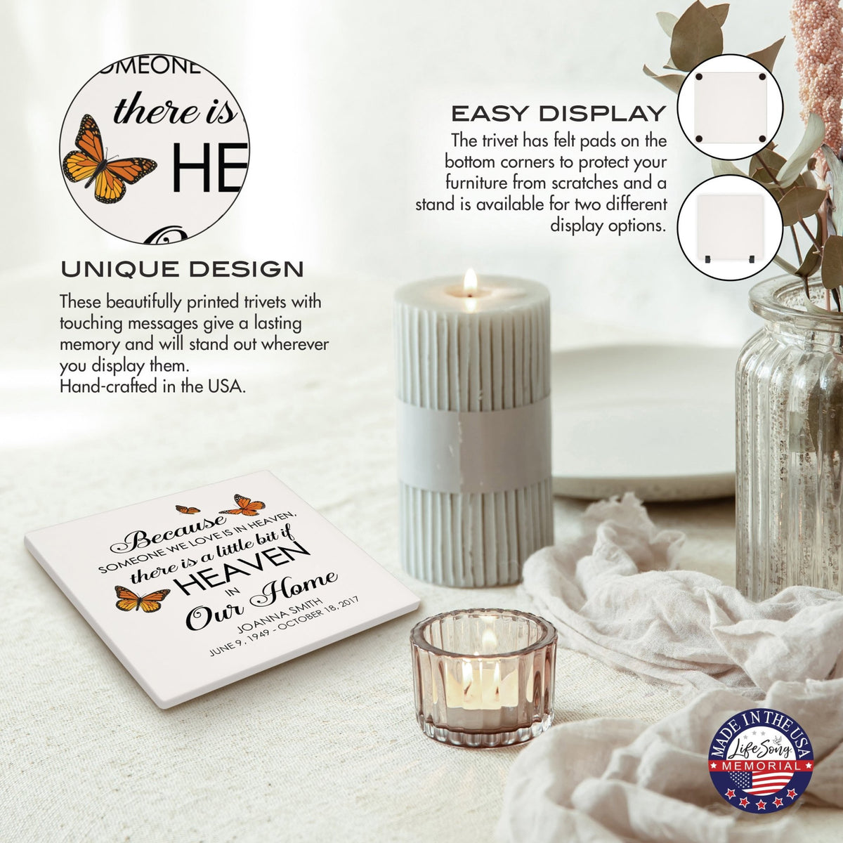 Personalized Memorial Ceramic Trivet for Home Decor - Because Someone We Love - LifeSong Milestones