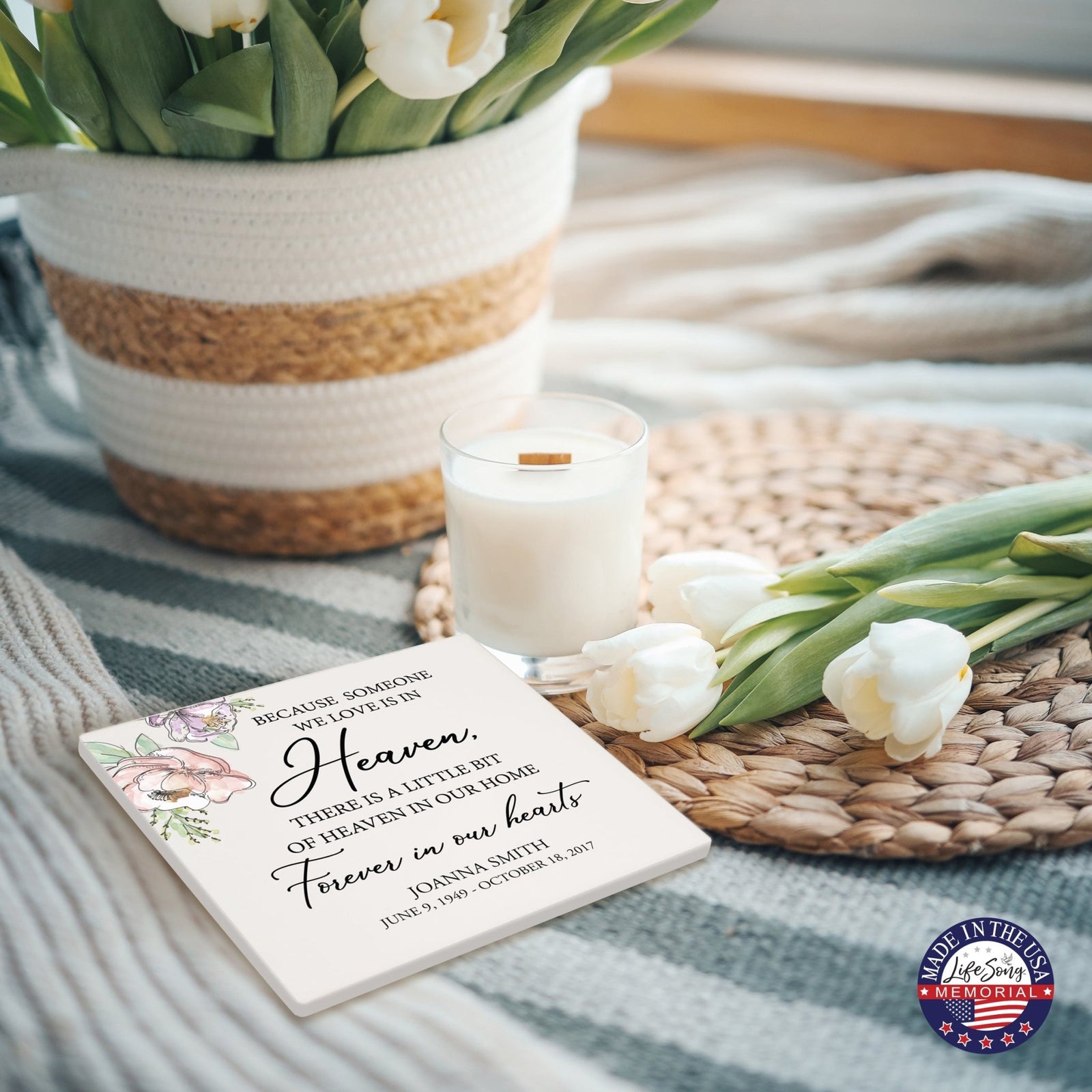 Personalized Memorial Ceramic Trivet for Home Decor - Because Someone We Love - LifeSong Milestones