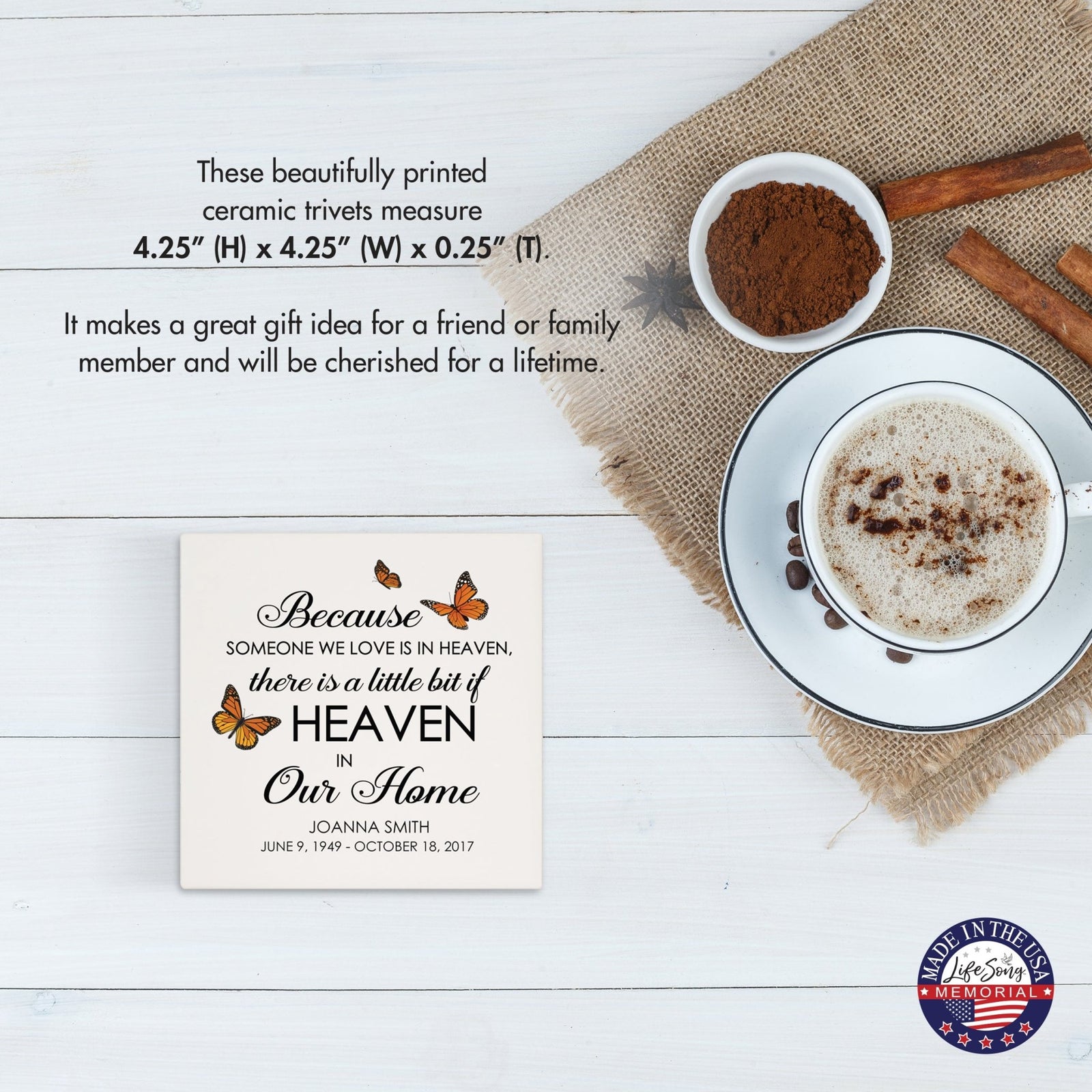 Personalized Memorial Ceramic Trivet for Home Decor - Because Someone We Love - LifeSong Milestones