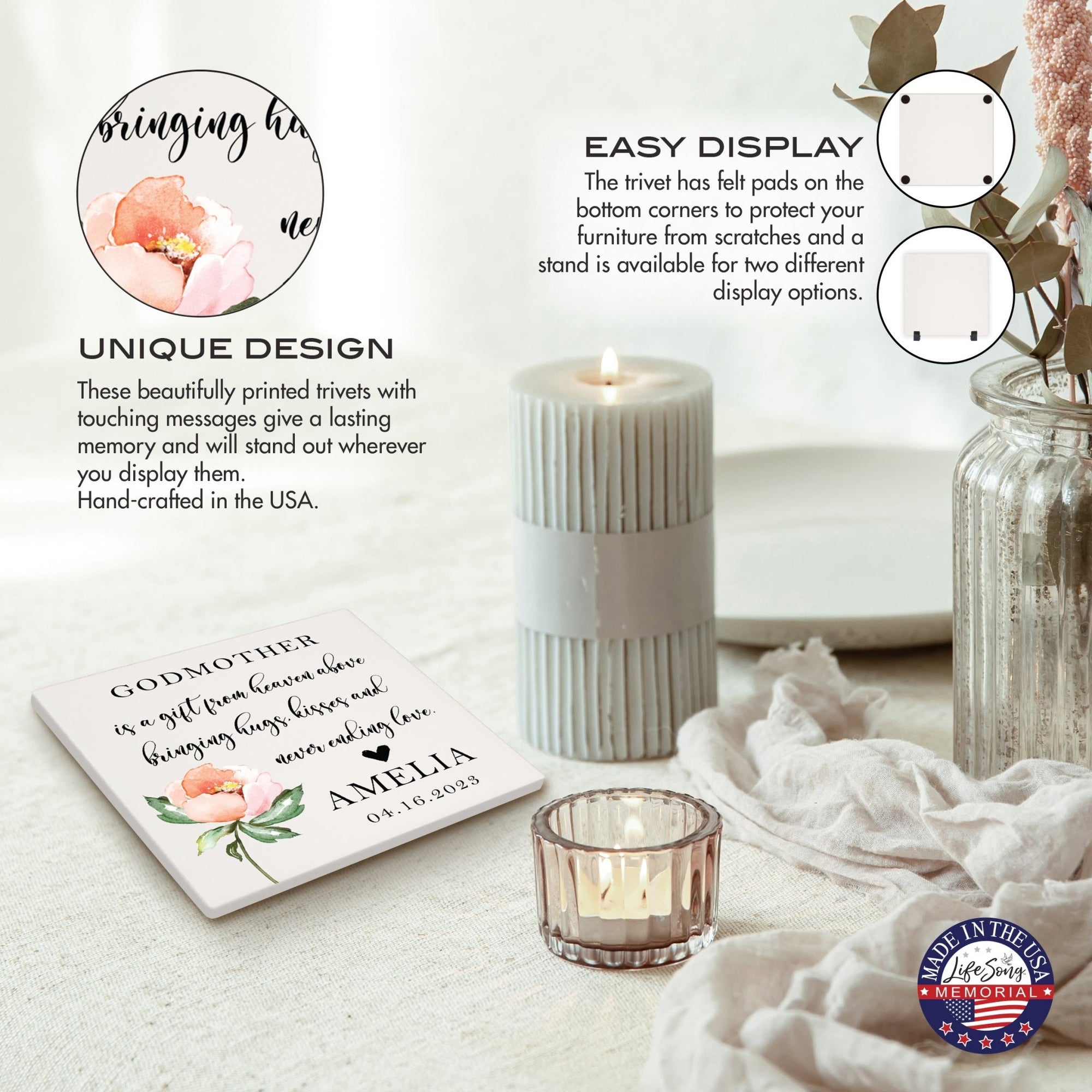 Personalized Memorial Ceramic Trivet for Home Decor - Godmothers - LifeSong Milestones