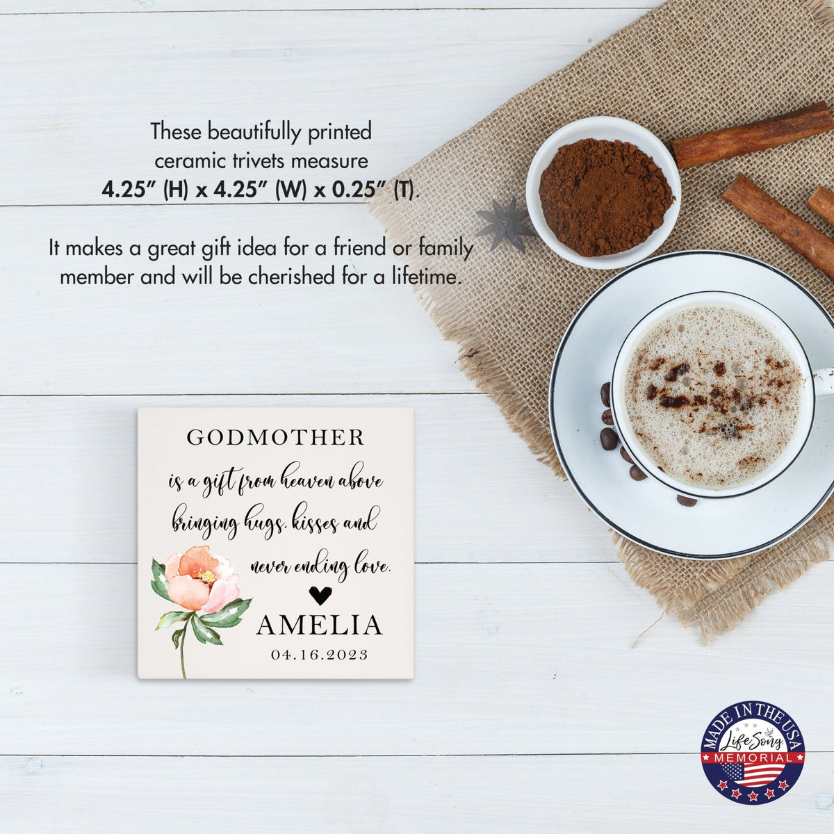 Personalized Memorial Ceramic Trivet for Home Decor - Godmothers - LifeSong Milestones