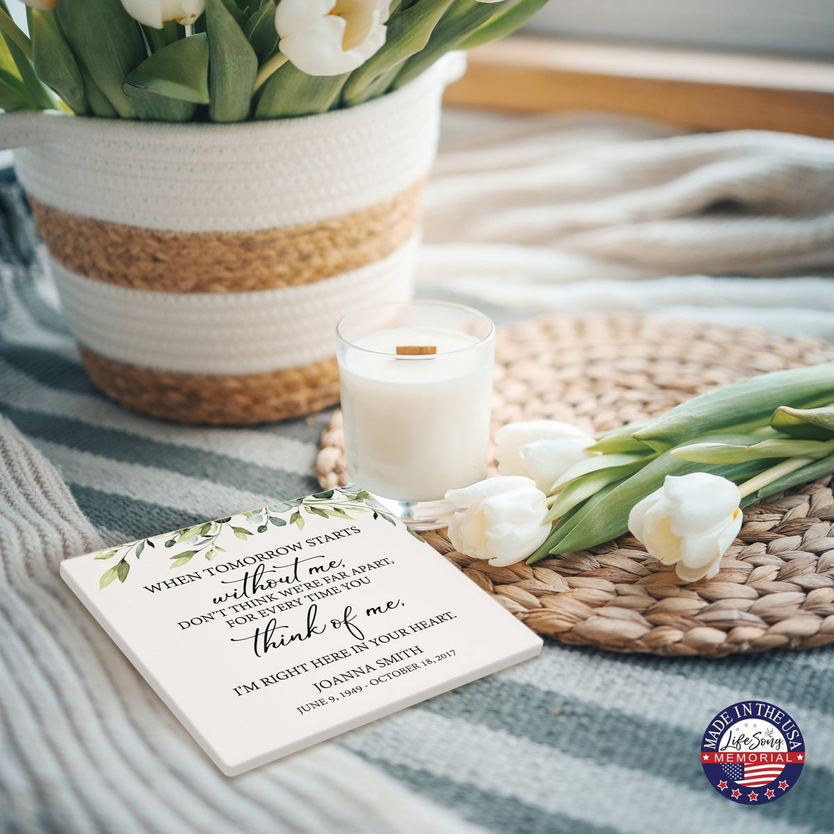 Personalized Memorial Ceramic Trivet for Home Decor - When Tomorrow Starts - LifeSong Milestones