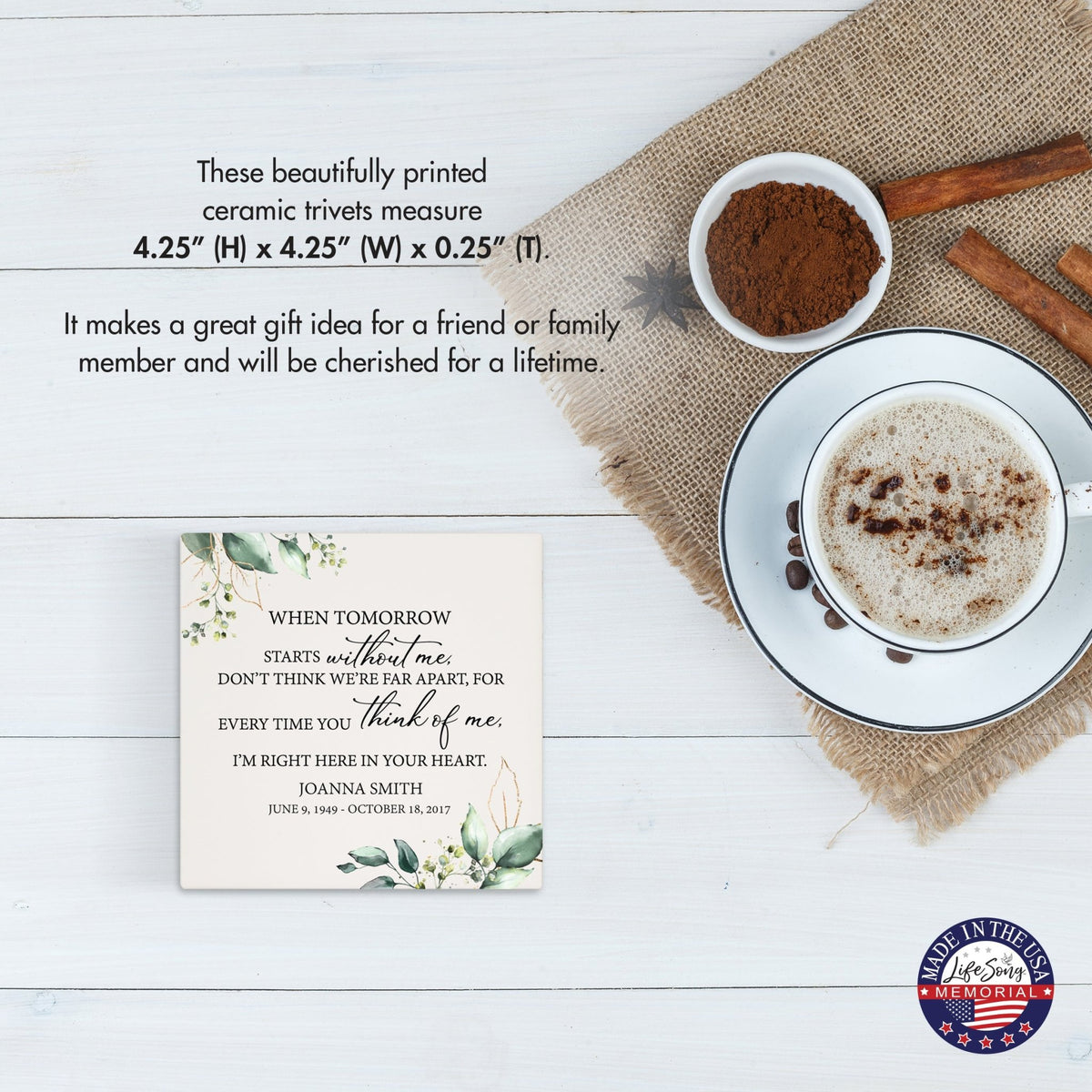 Personalized Memorial Ceramic Trivet for Home Decor - When Tomorrow Starts - LifeSong Milestones