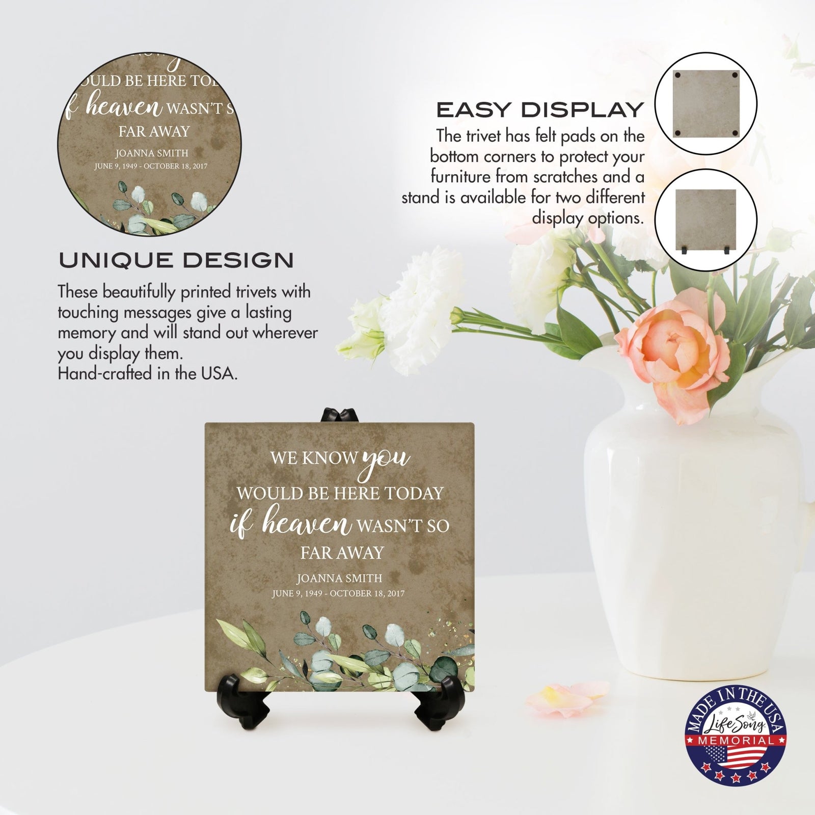 Personalized Memorial Ceramic Trivet with Stand for Home Decor - LifeSong Milestones