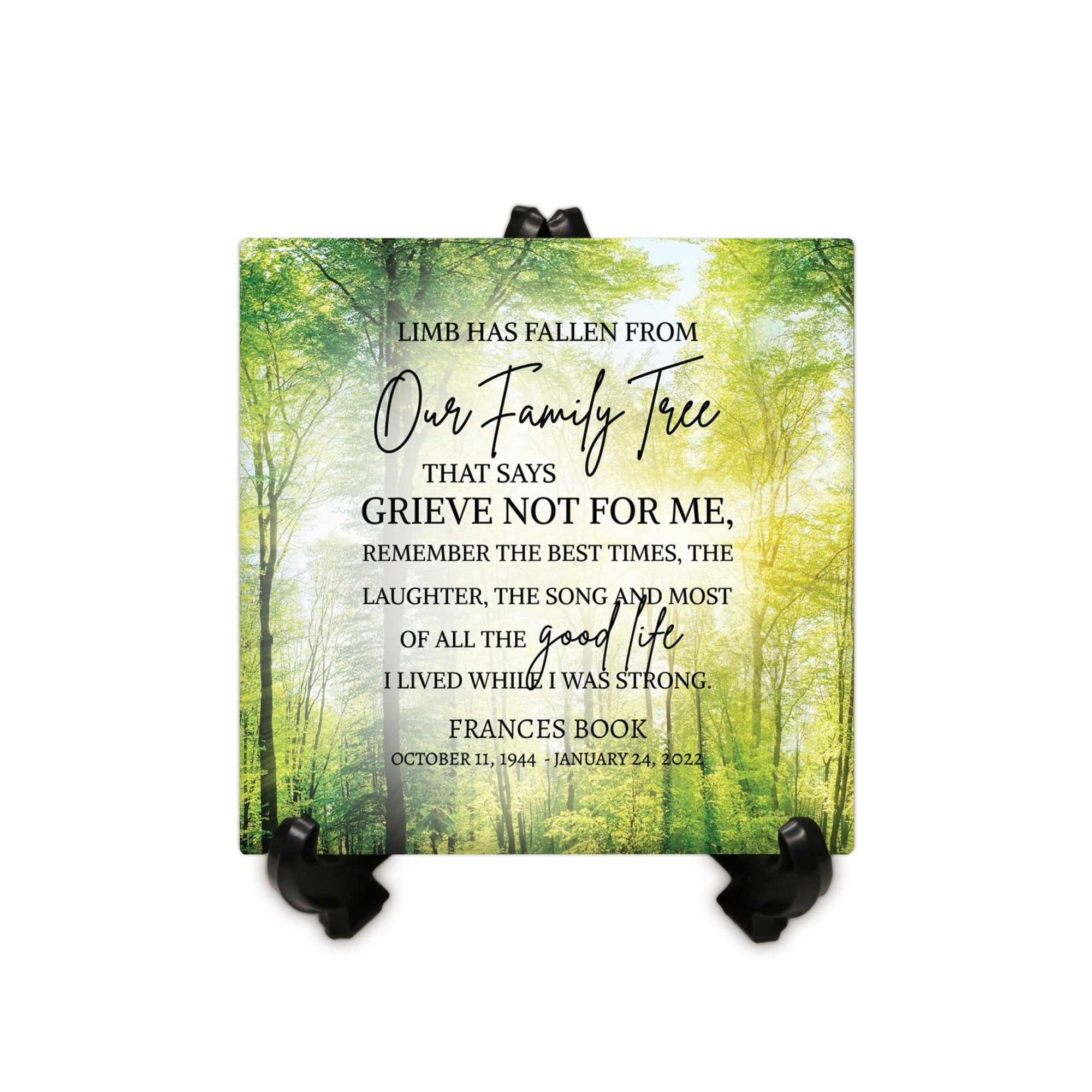 Personalized Memorial Ceramic Trivet with Stand for Home Decor - A Limb Has Fallen - LifeSong Milestones
