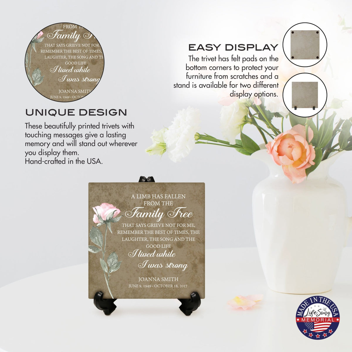 Personalized Memorial Ceramic Trivet with Stand for Home Decor - A Limb Has Fallen - LifeSong Milestones