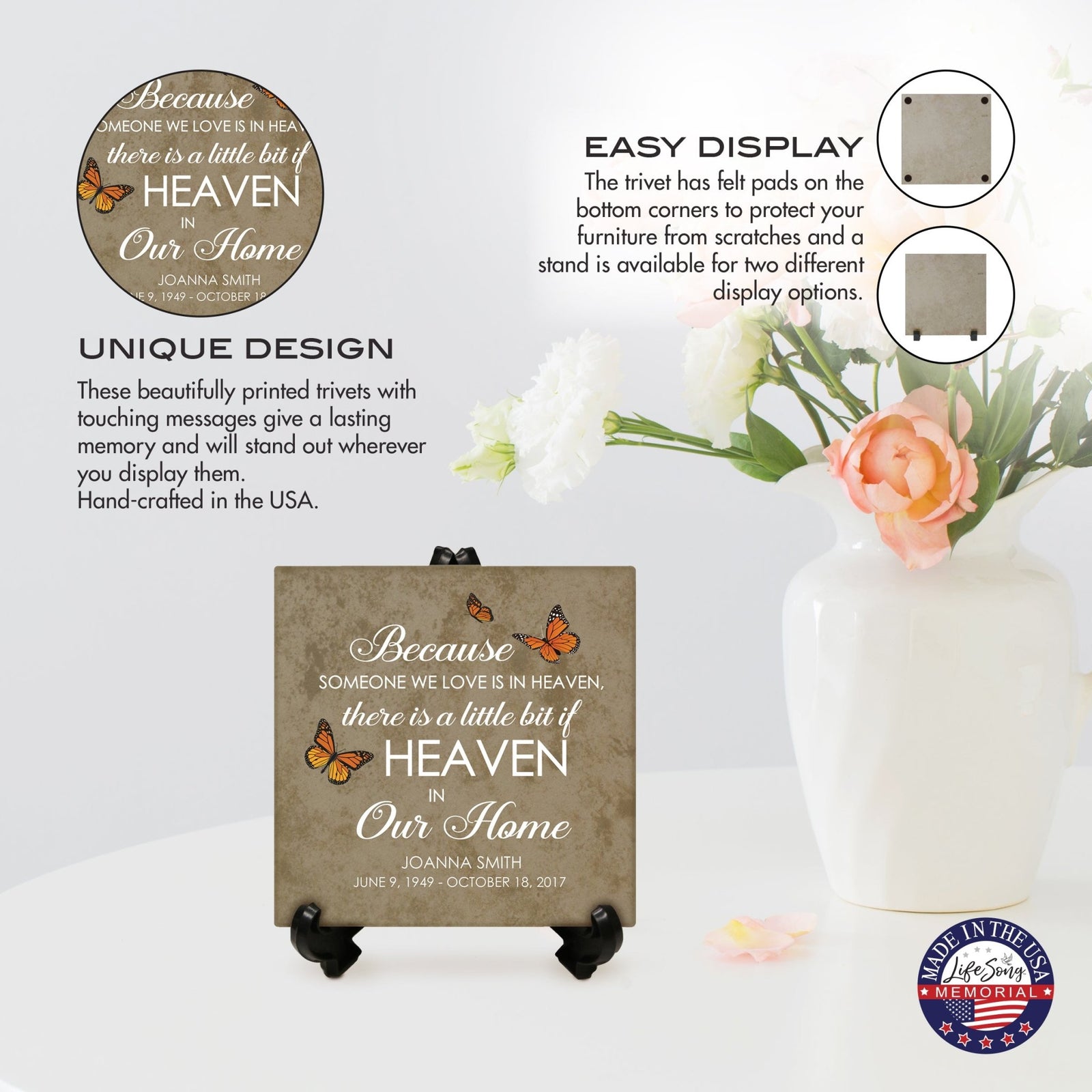 Personalized Memorial Ceramic Trivet with Stand for Home Decor - Because Someone We Love - LifeSong Milestones