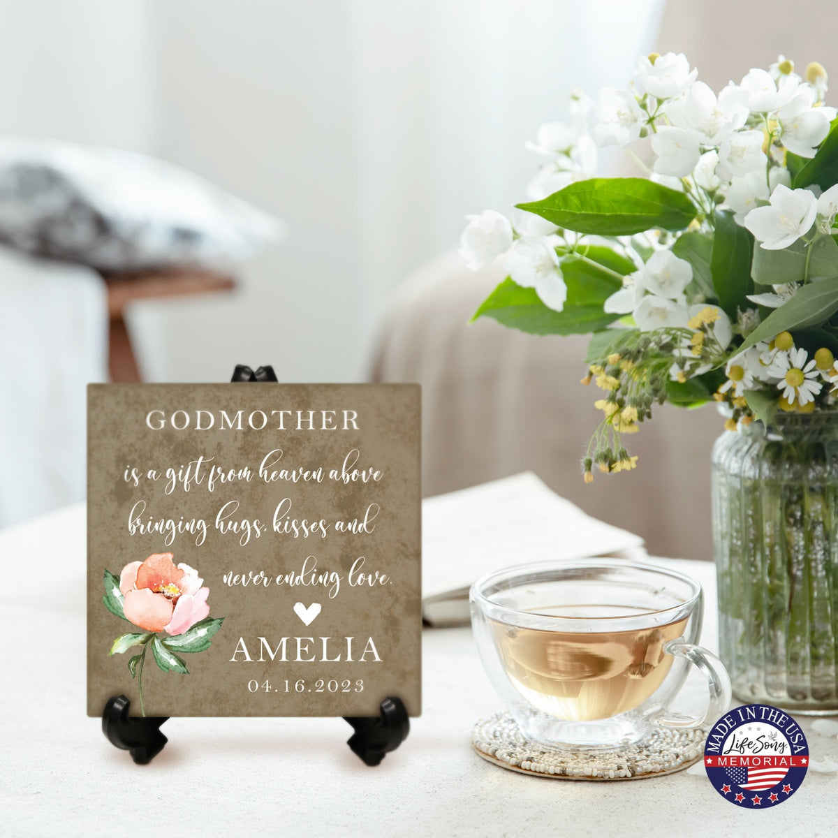 Personalized Memorial Ceramic Trivet with Stand for Home Decor - Godmothers - LifeSong Milestones