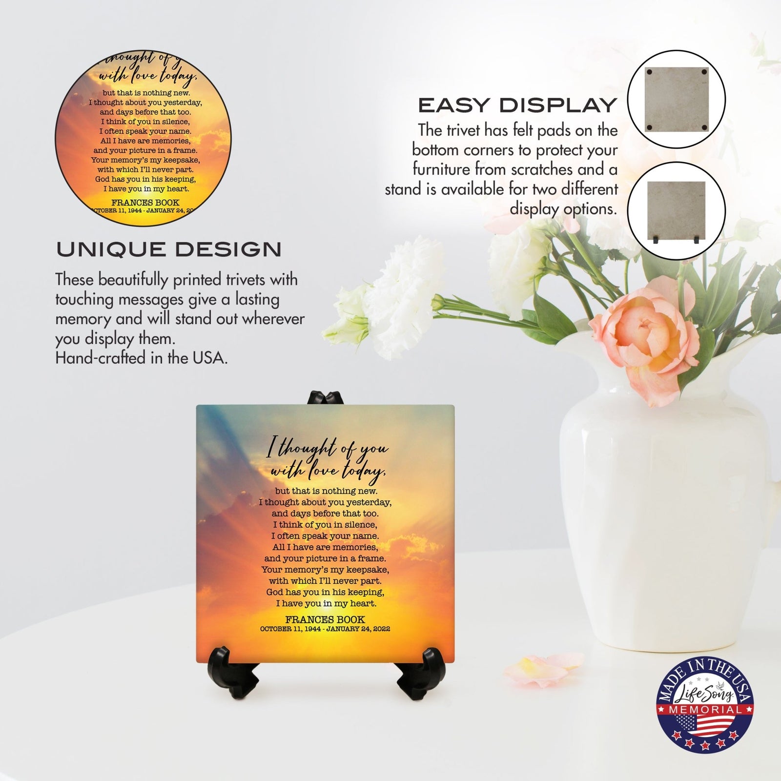 Personalized Memorial Ceramic Trivet with Stand for Home Decor - I Thought Of You - LifeSong Milestones