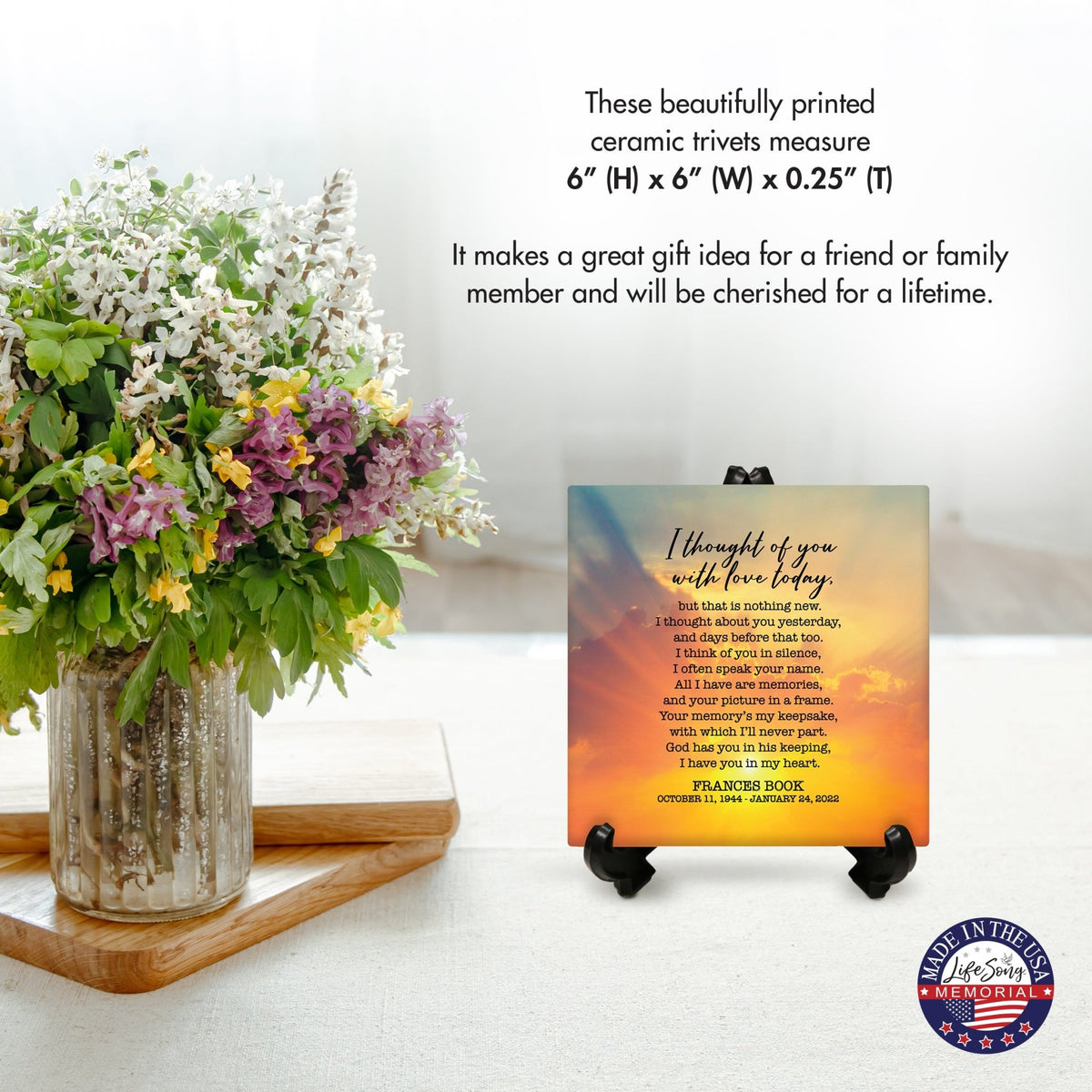 Personalized Memorial Ceramic Trivet with Stand for Home Decor - I Thought Of You - LifeSong Milestones