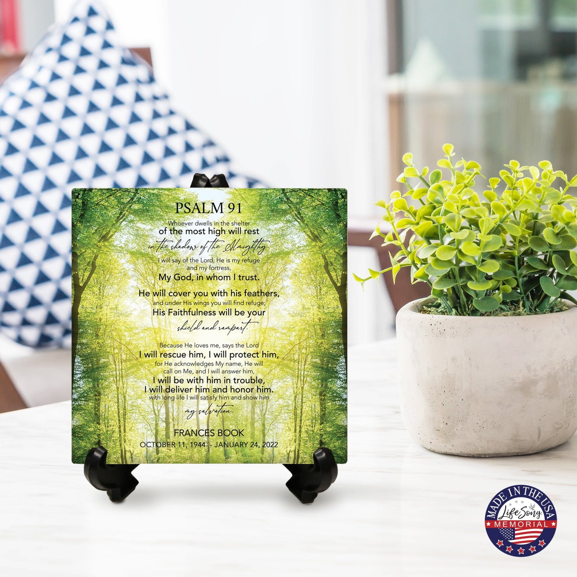 Personalized Memorial Ceramic Trivet with Stand for Home Decor - Psalm 91 - LifeSong Milestones