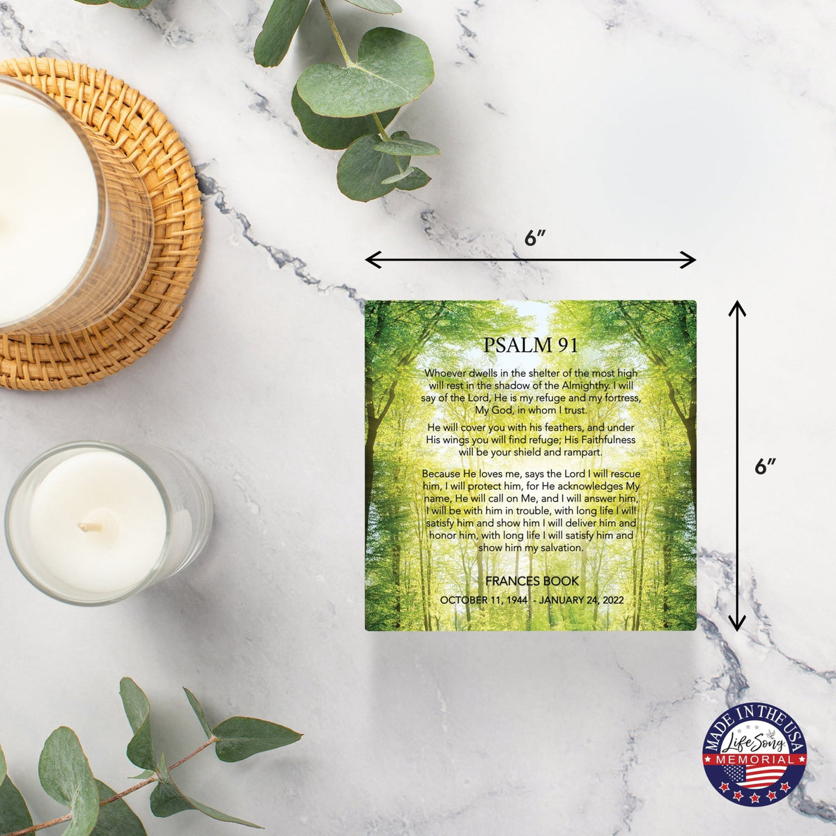 Personalized Memorial Ceramic Trivet with Stand for Home Decor - Psalm 91 - LifeSong Milestones