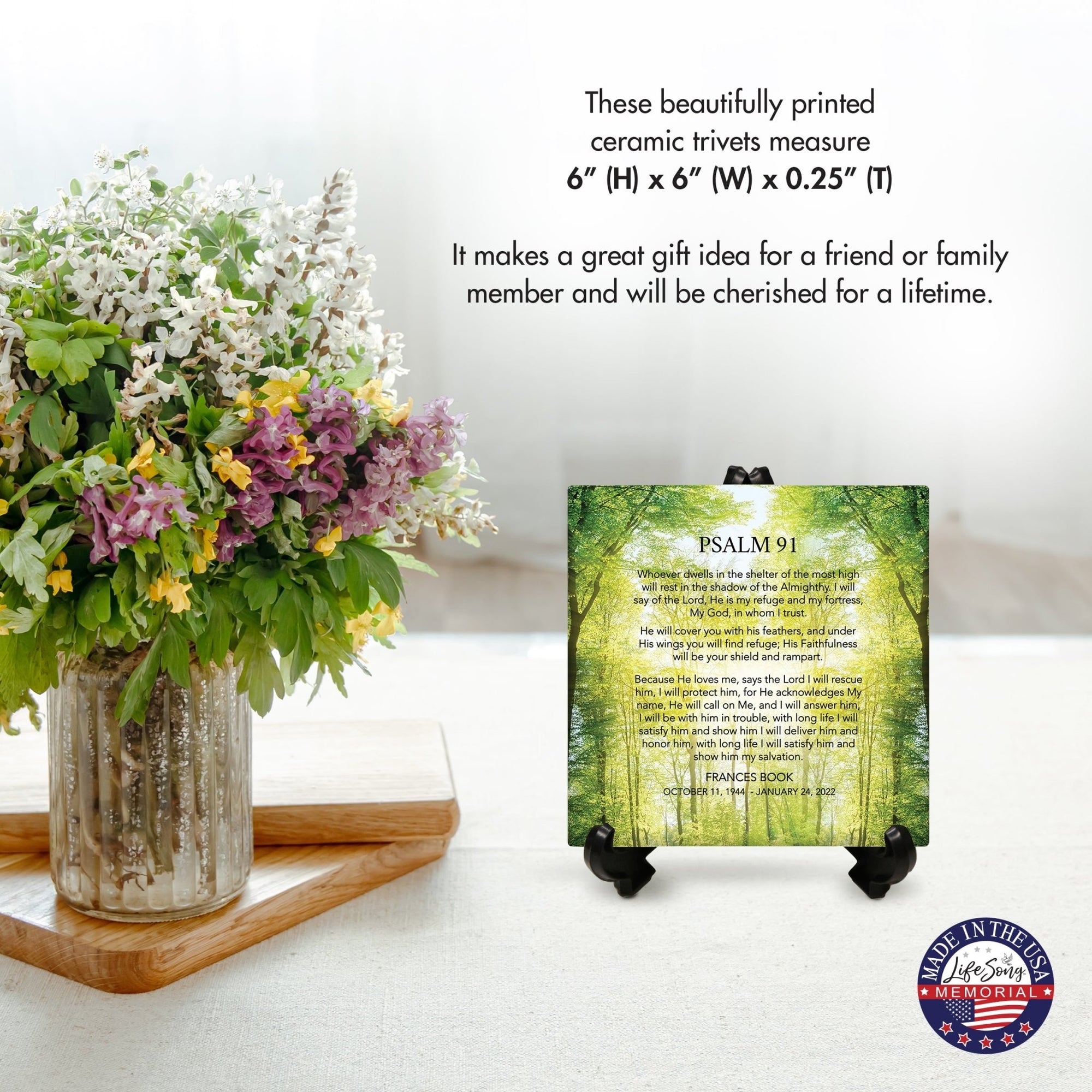 Personalized Memorial Ceramic Trivet with Stand for Home Decor - Psalm 91 - LifeSong Milestones