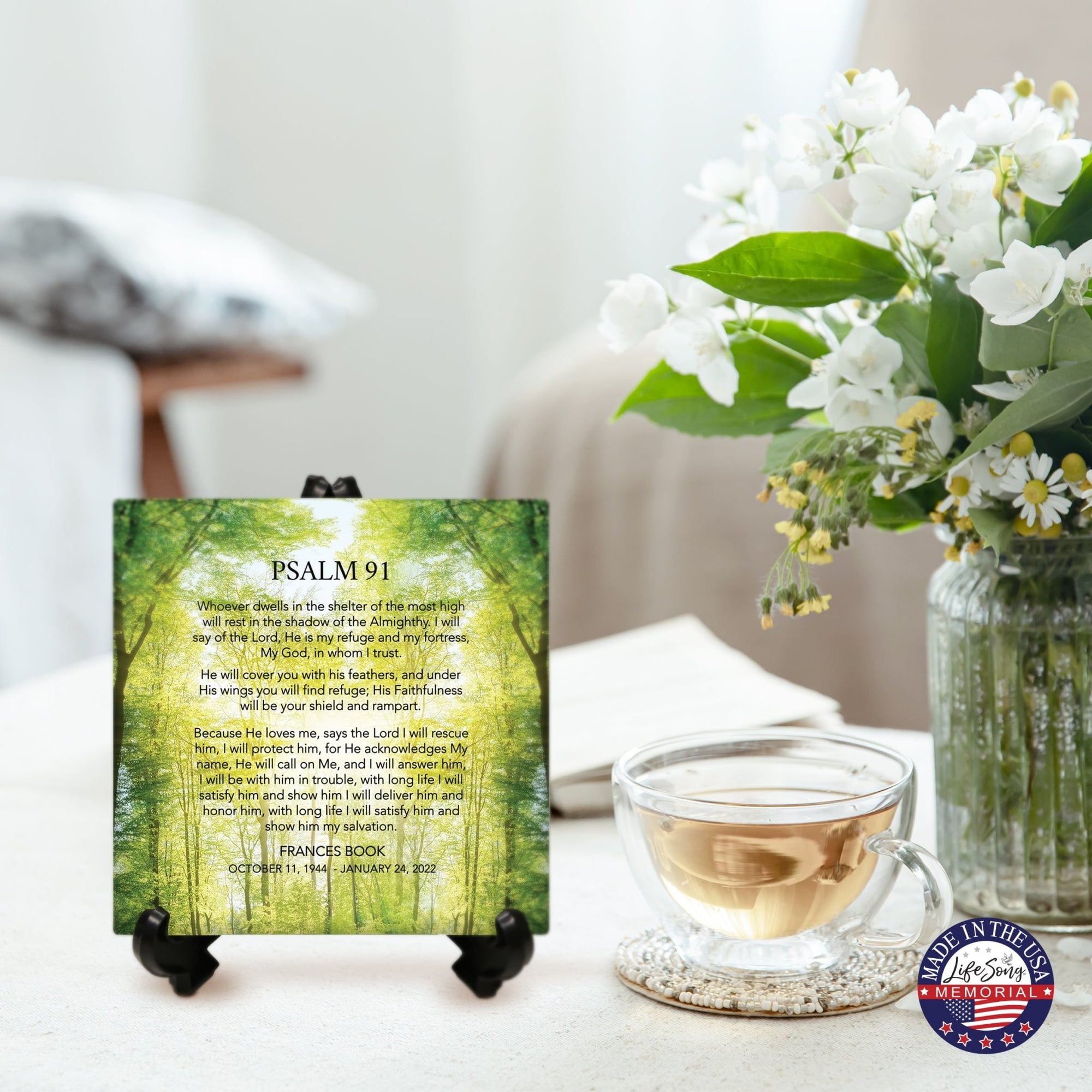 Personalized Memorial Ceramic Trivet with Stand for Home Decor - Psalm 91 - LifeSong Milestones