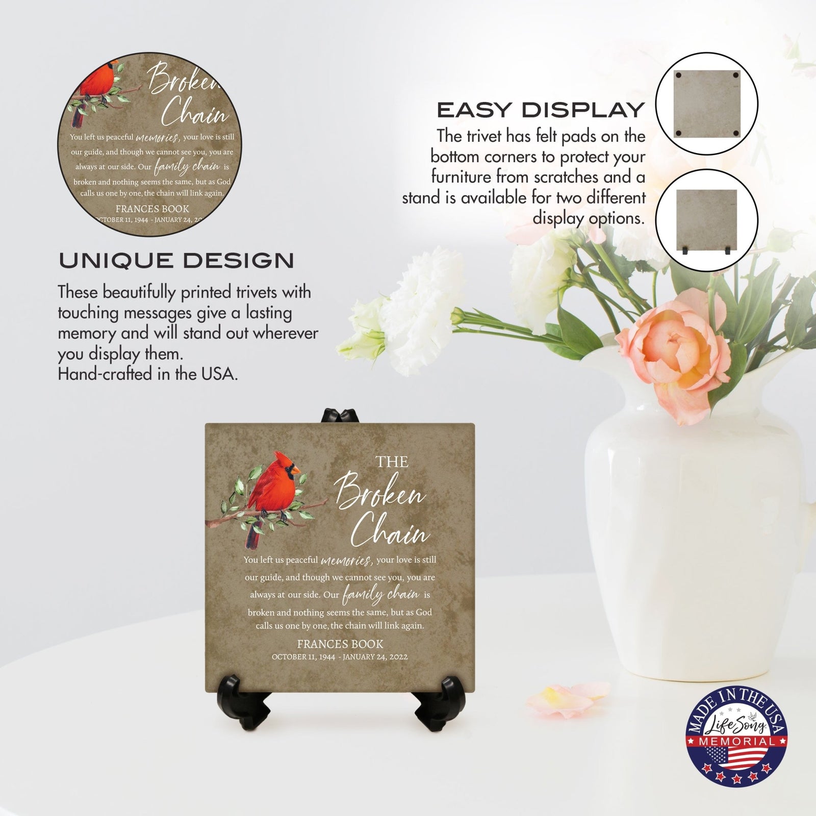 Personalized Memorial Ceramic Trivet with Stand for Home Decor - The Broken Chain - LifeSong Milestones