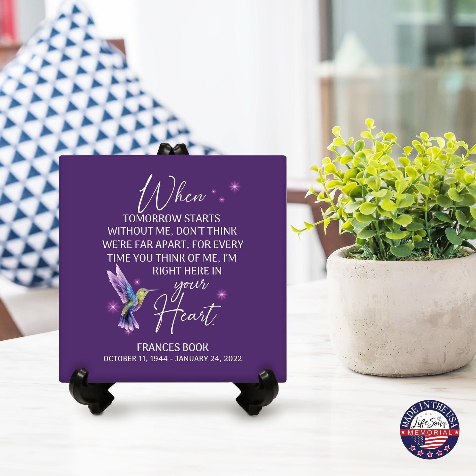 Personalized Memorial Ceramic Trivet with Stand for Home Decor - When Tomorrow Starts - LifeSong Milestones