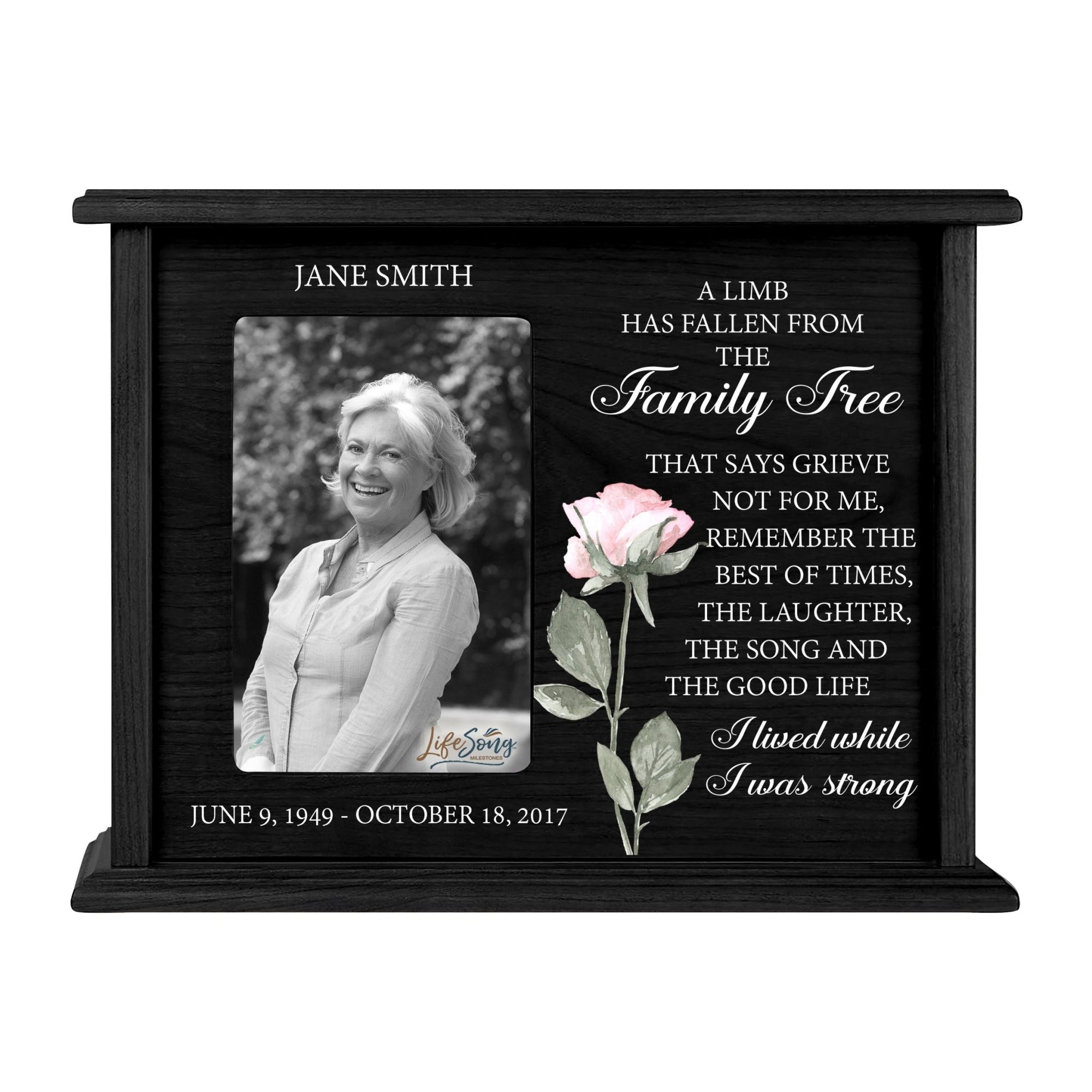 Personalized Memorial Cherry Wood 12 x 4.5 x 9 Cremation Urn Box with Picture Frame holds 200 cu in of Human Ashes and 4x6 Photo - A Limb Has Fallen (Black) - LifeSong Milestones