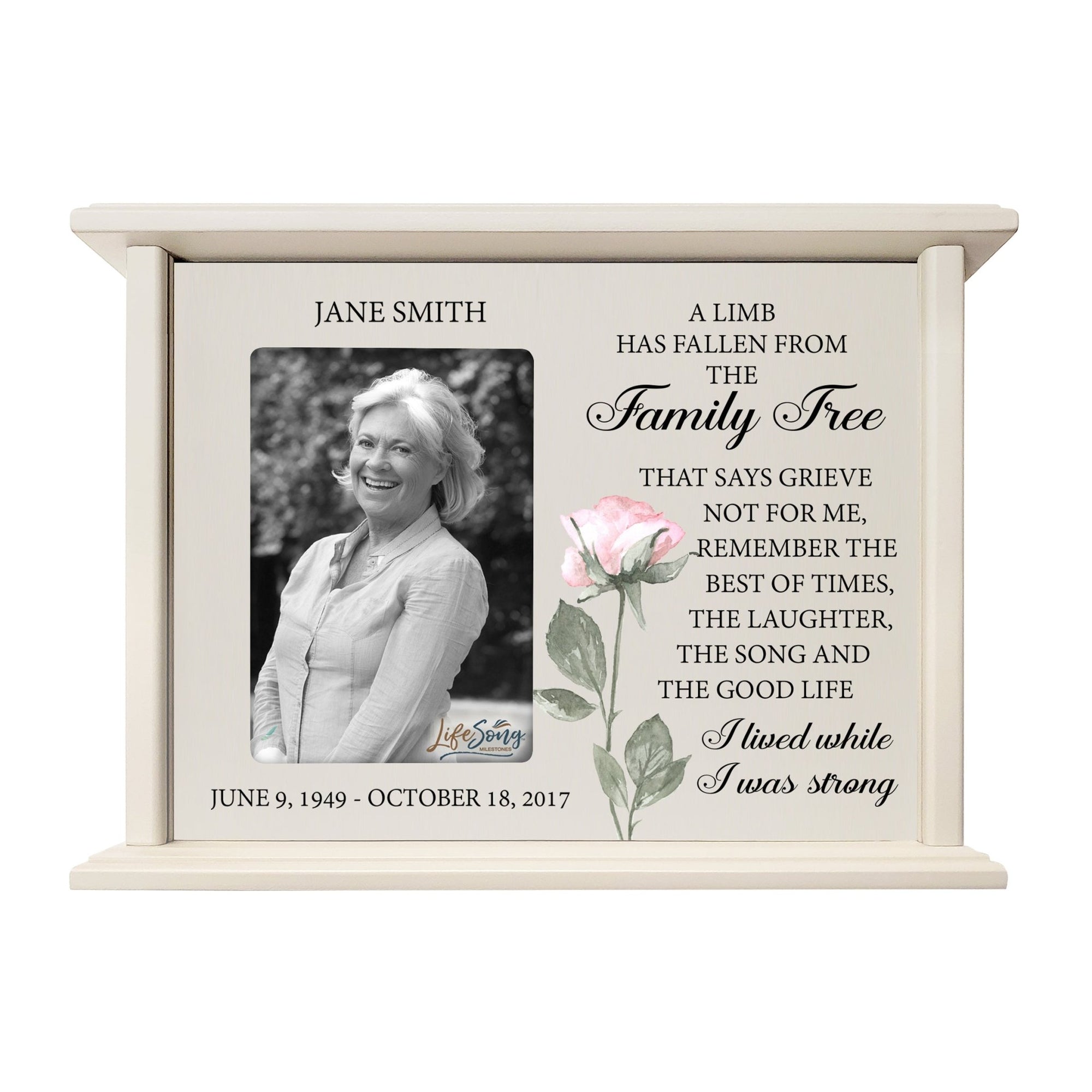 Personalized Memorial Cherry Wood 12 x 4.5 x 9 Cremation Urn Box with Picture Frame holds 200 cu in of Human Ashes and 4x6 Photo - A Limb Has Fallen (Ivory) - LifeSong Milestones